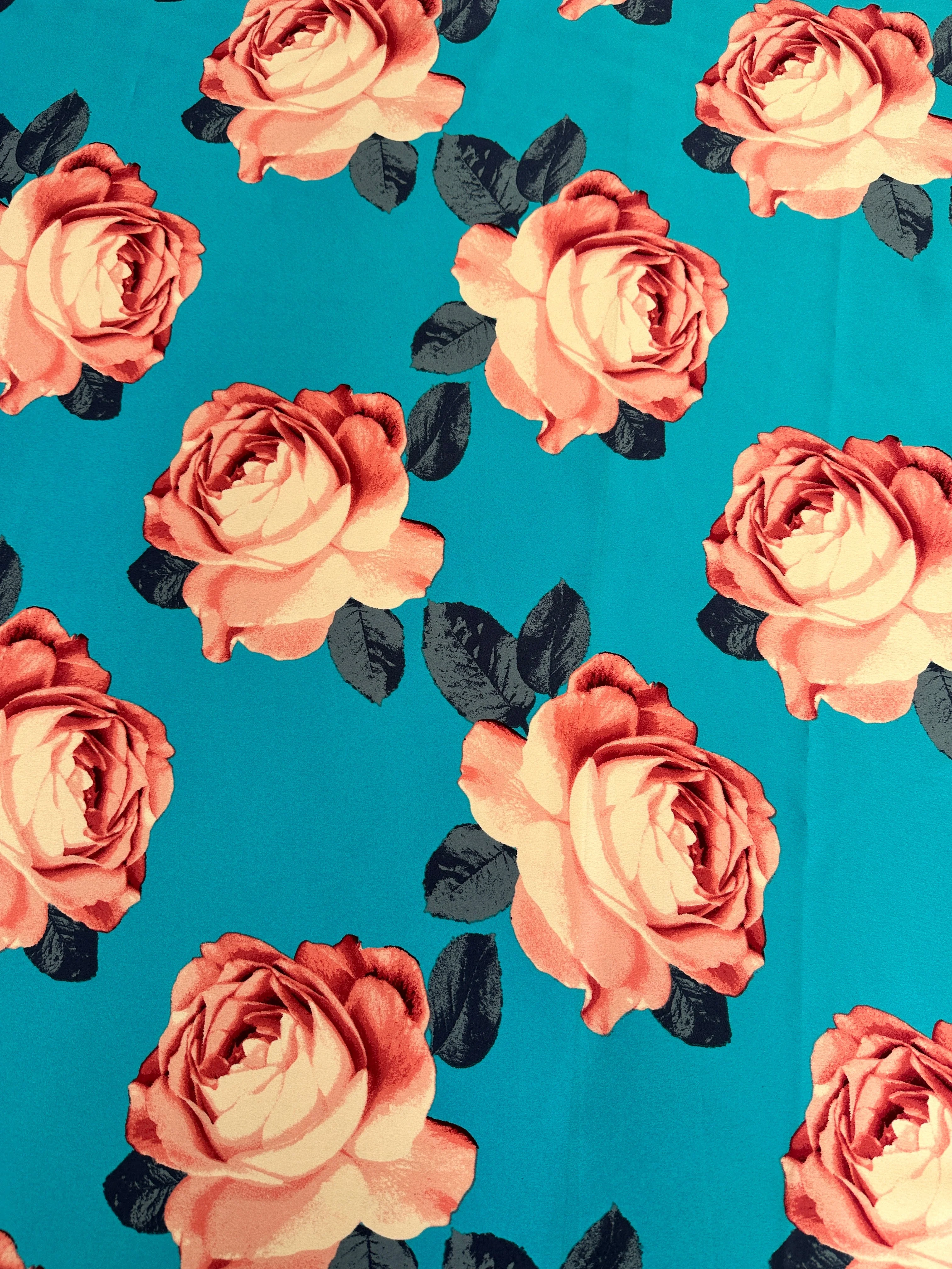 Aqua Blue Floral Print Satin - Image 3