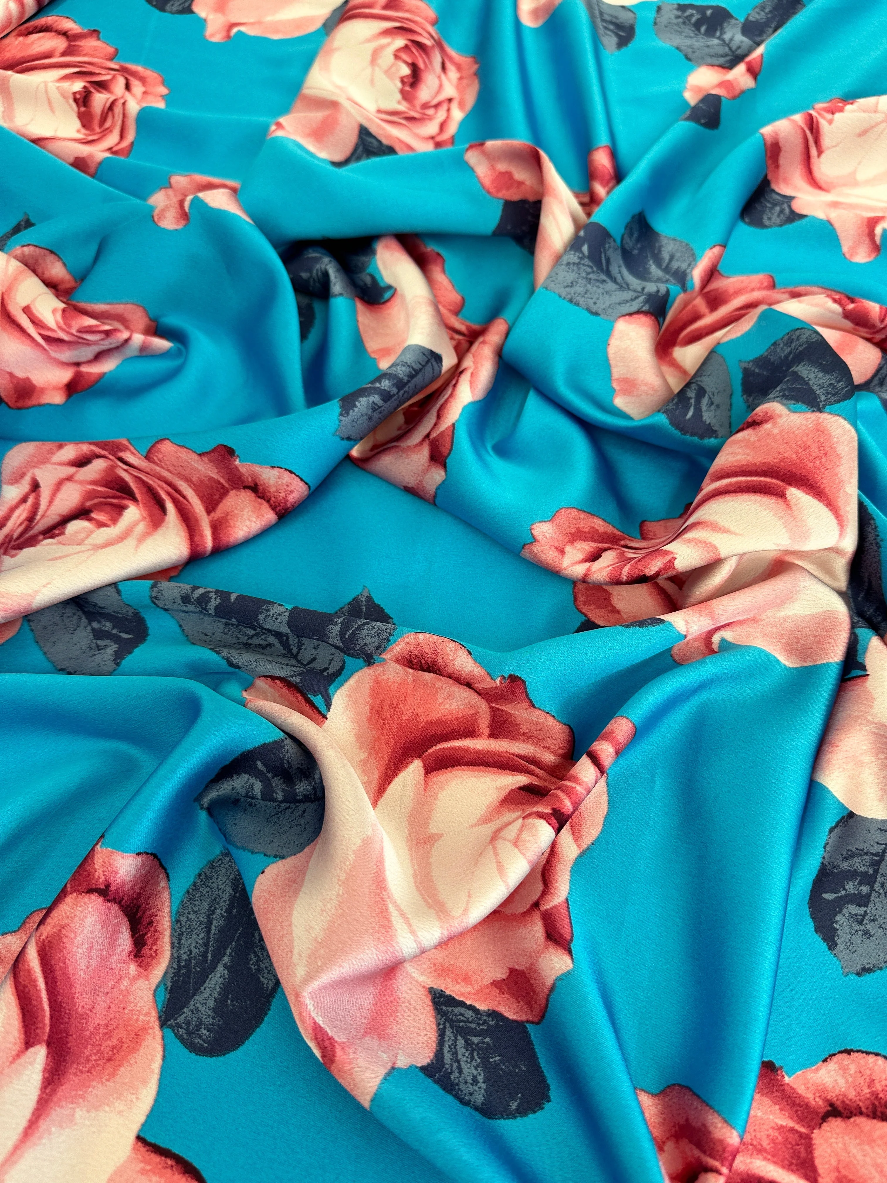 Aqua Blue Floral Print Satin - Image 4