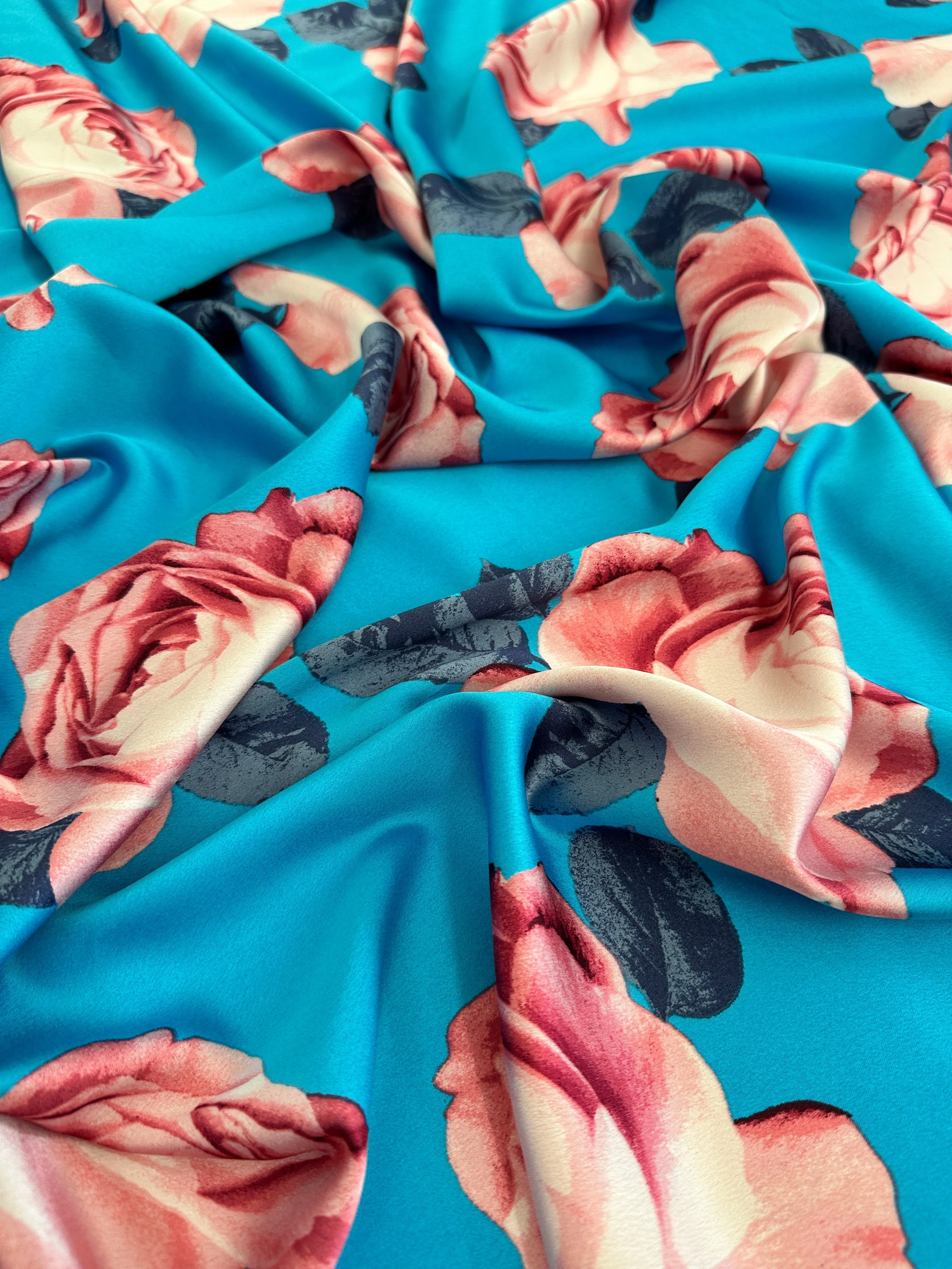 Aqua Blue Floral Print Satin - Image 5