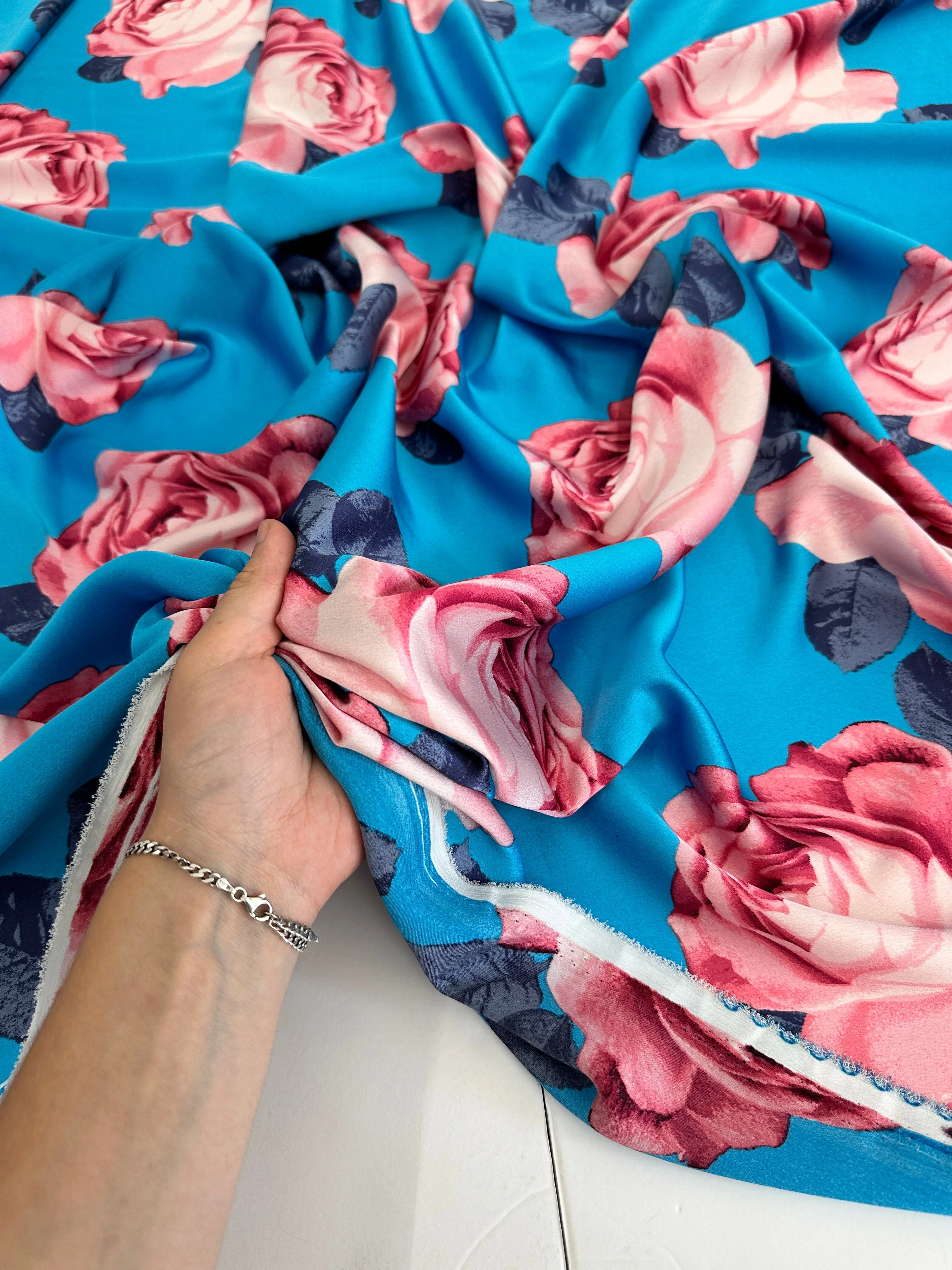 Aqua Blue Floral Print Satin - Image 6
