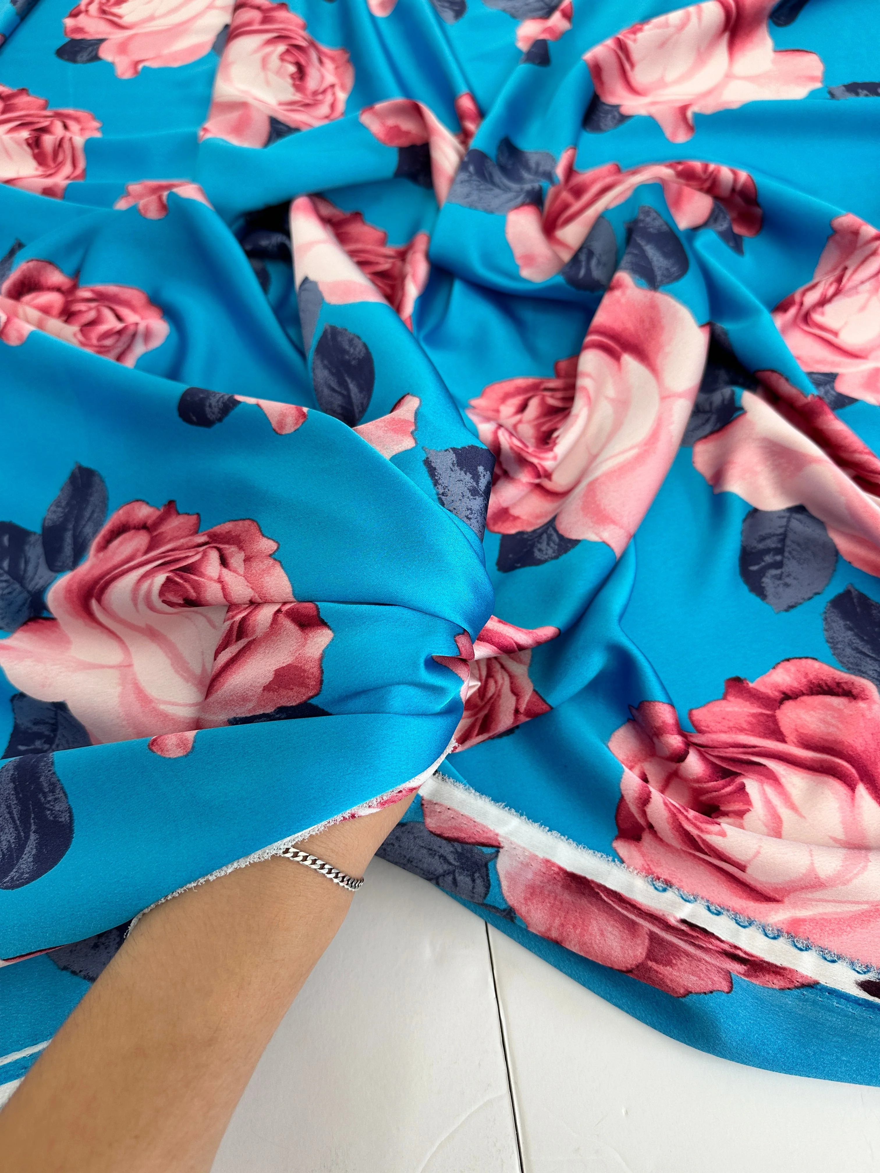 Aqua Blue Floral Print Satin - Image 7