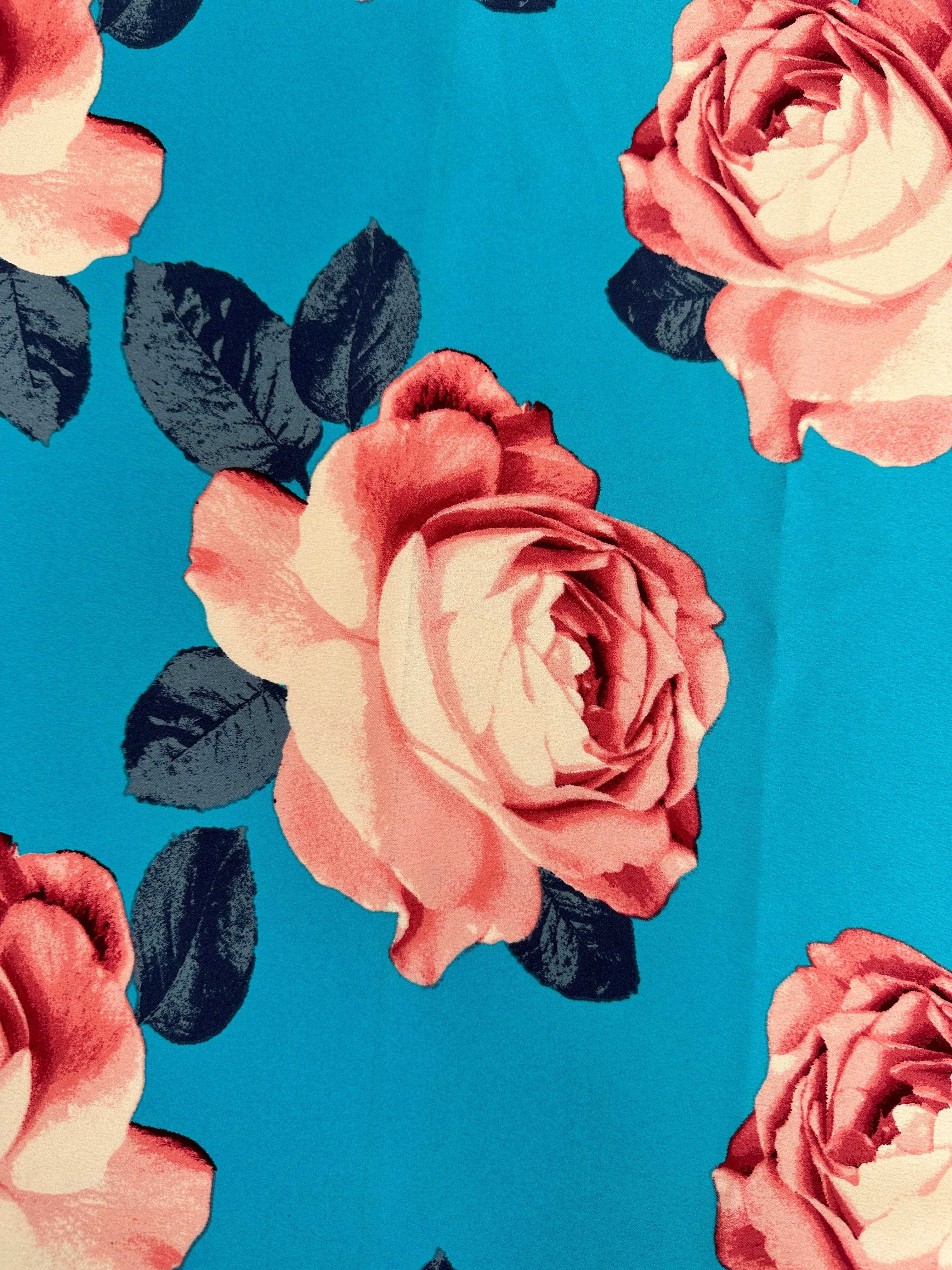 Aqua Blue Floral Print Satin - Image 8