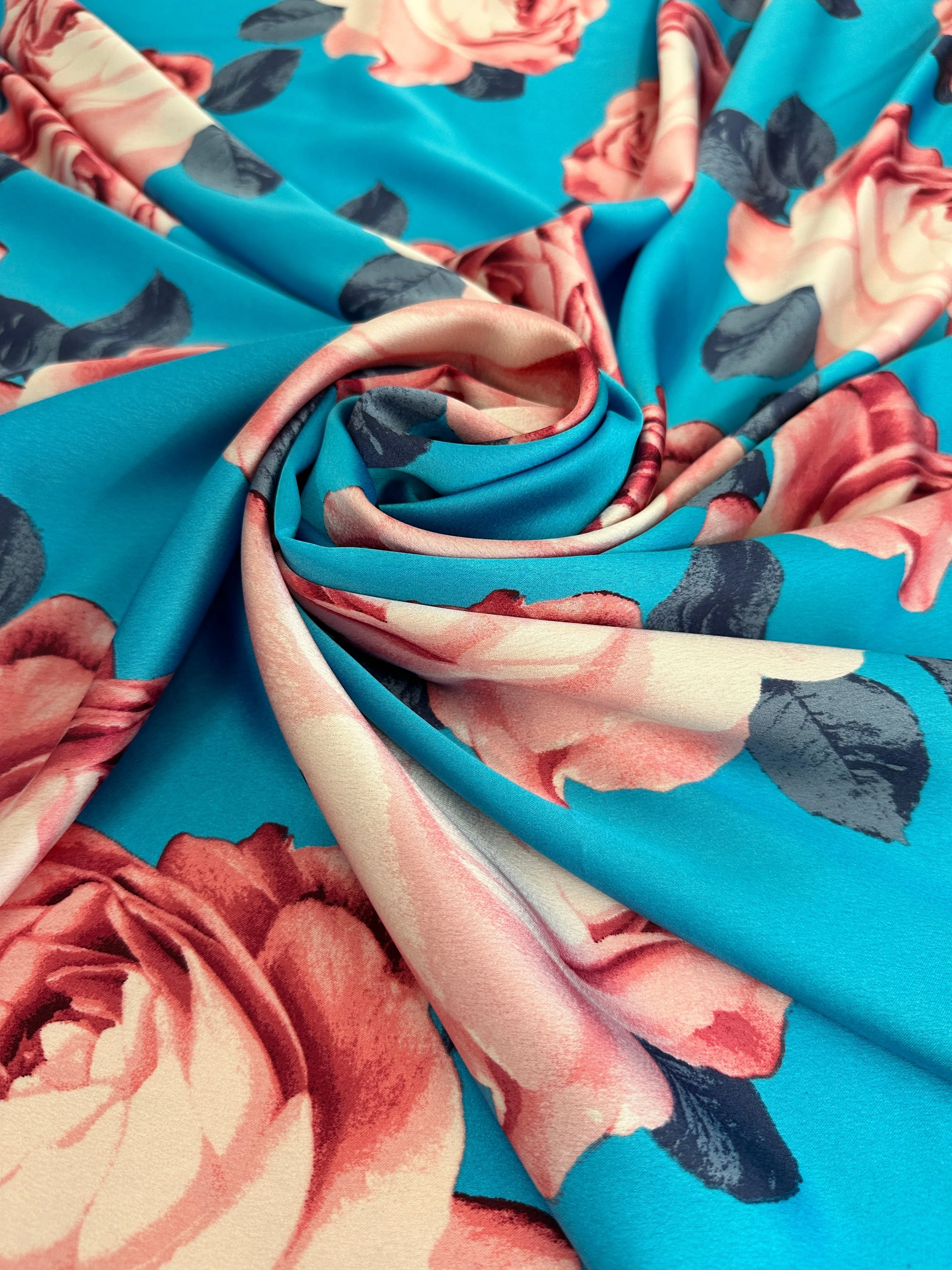 Aqua Blue Floral Print Satin - Image 9