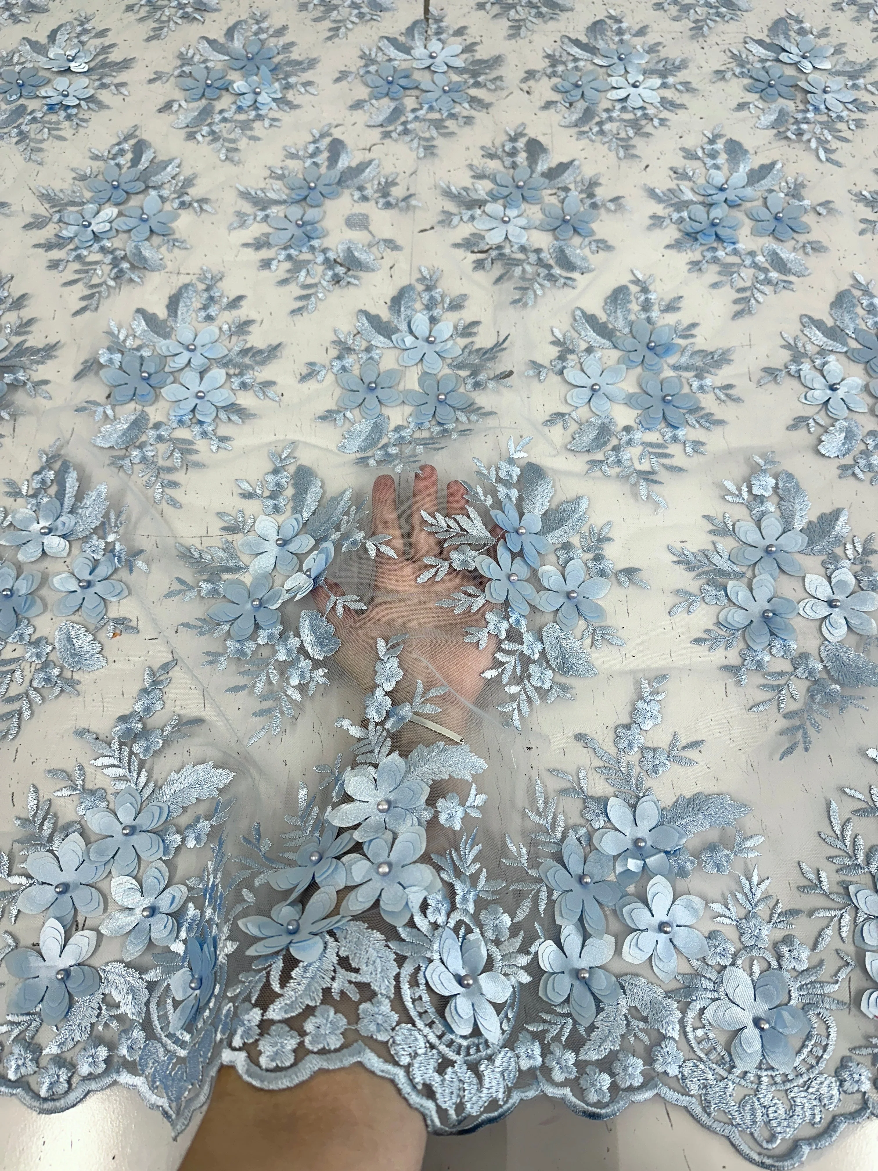 Baby Blue 3D Flower Scalloped Mesh Lace - Image 10