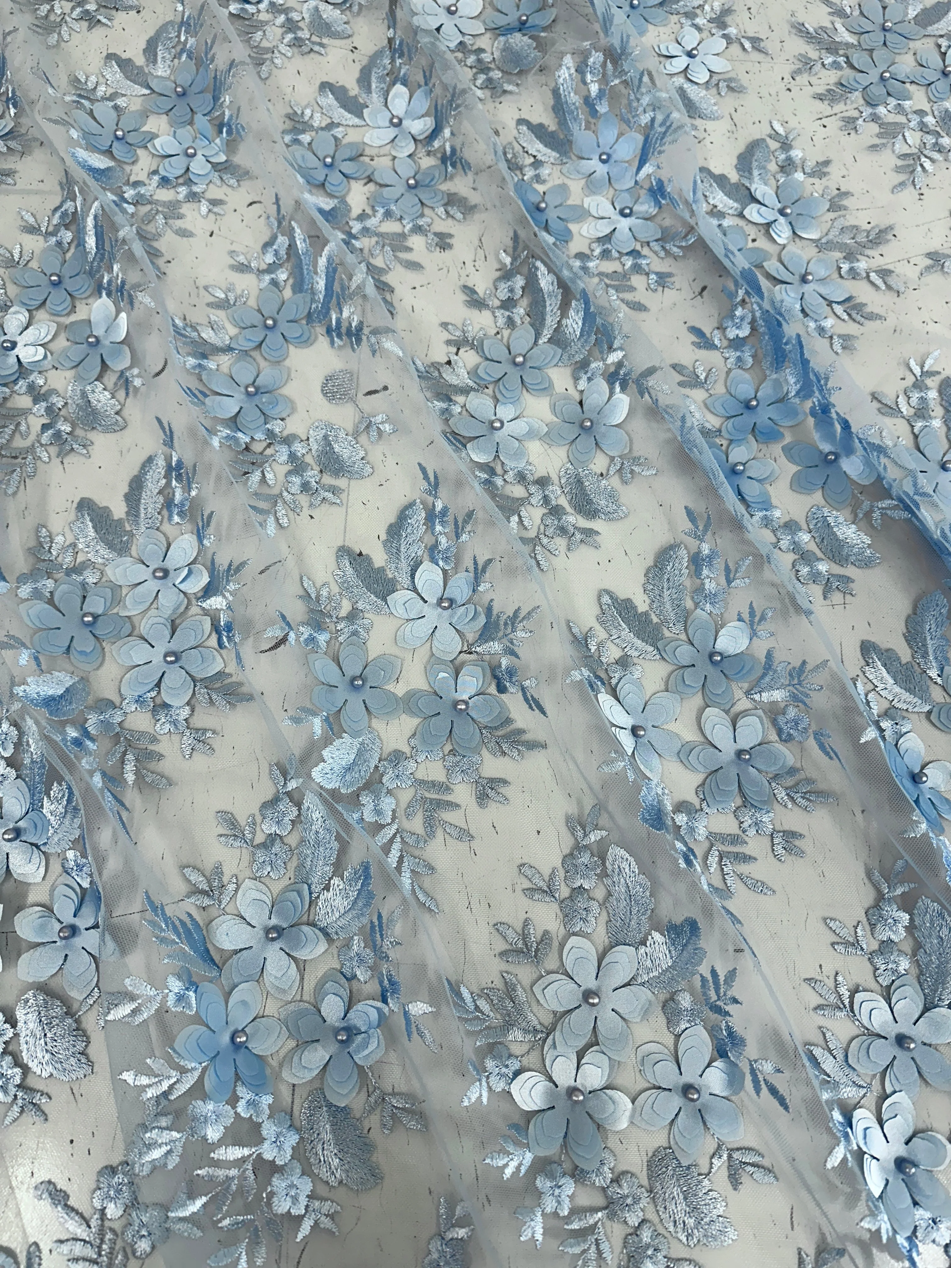 Baby Blue 3D Flower Scalloped Mesh Lace - Image 2