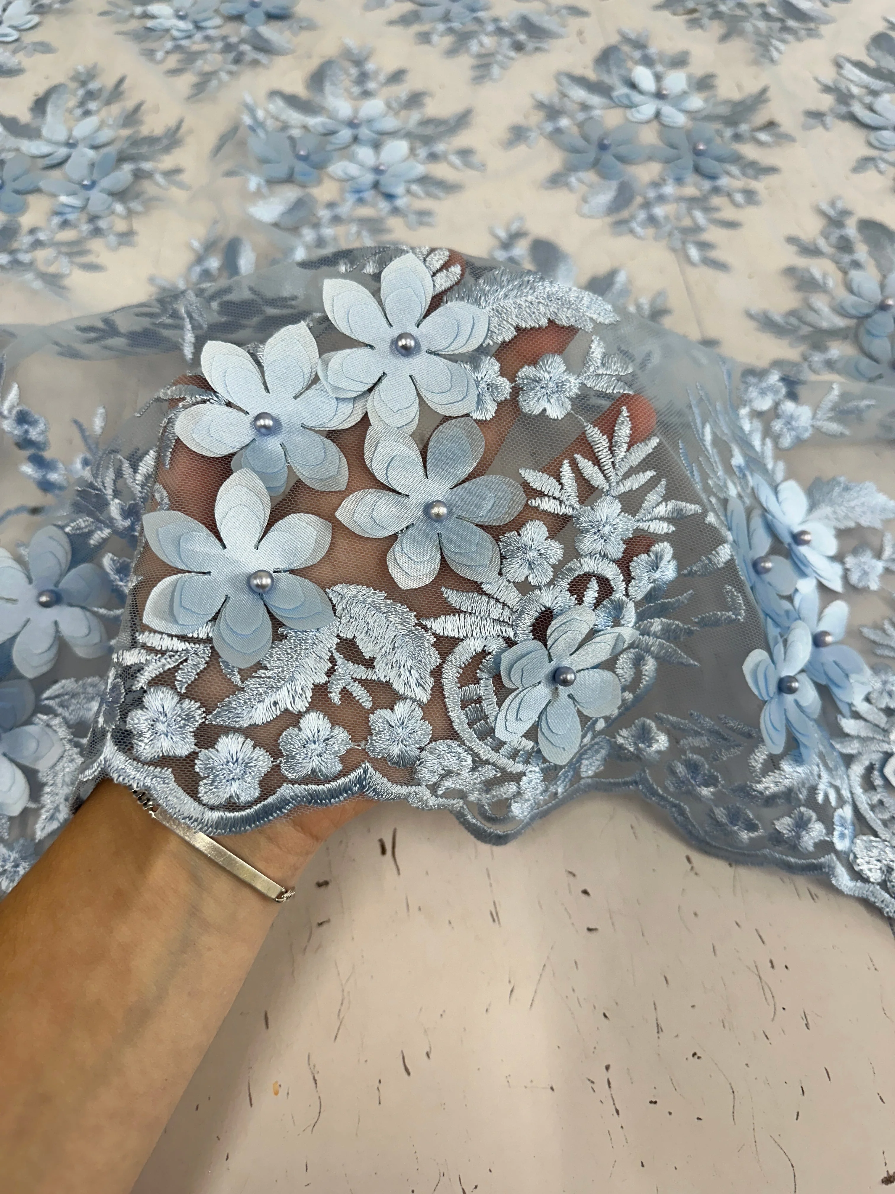 Baby Blue 3D Flower Scalloped Mesh Lace - Image 3