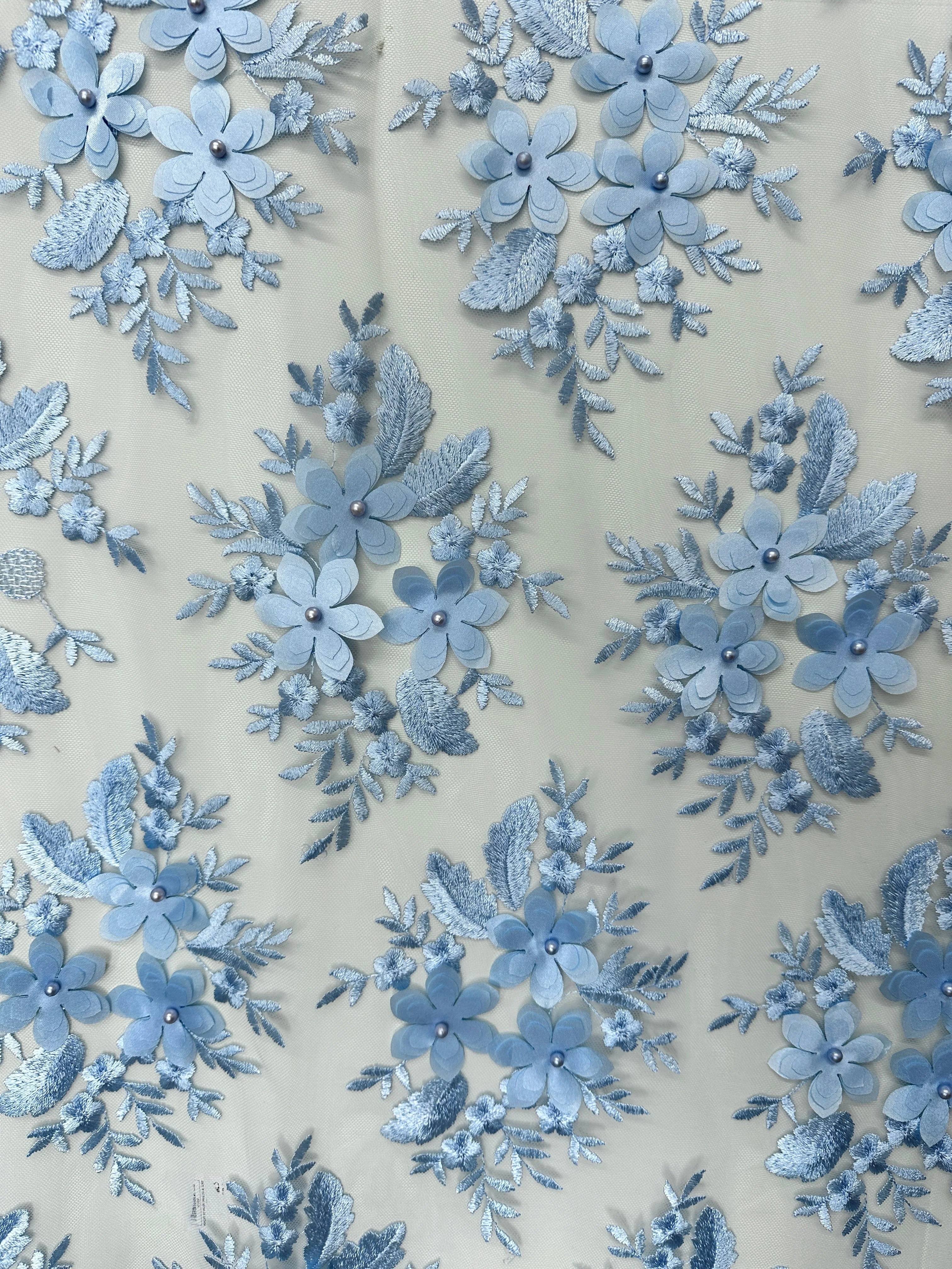 Baby Blue 3D Flower Scalloped Mesh Lace - Image 4