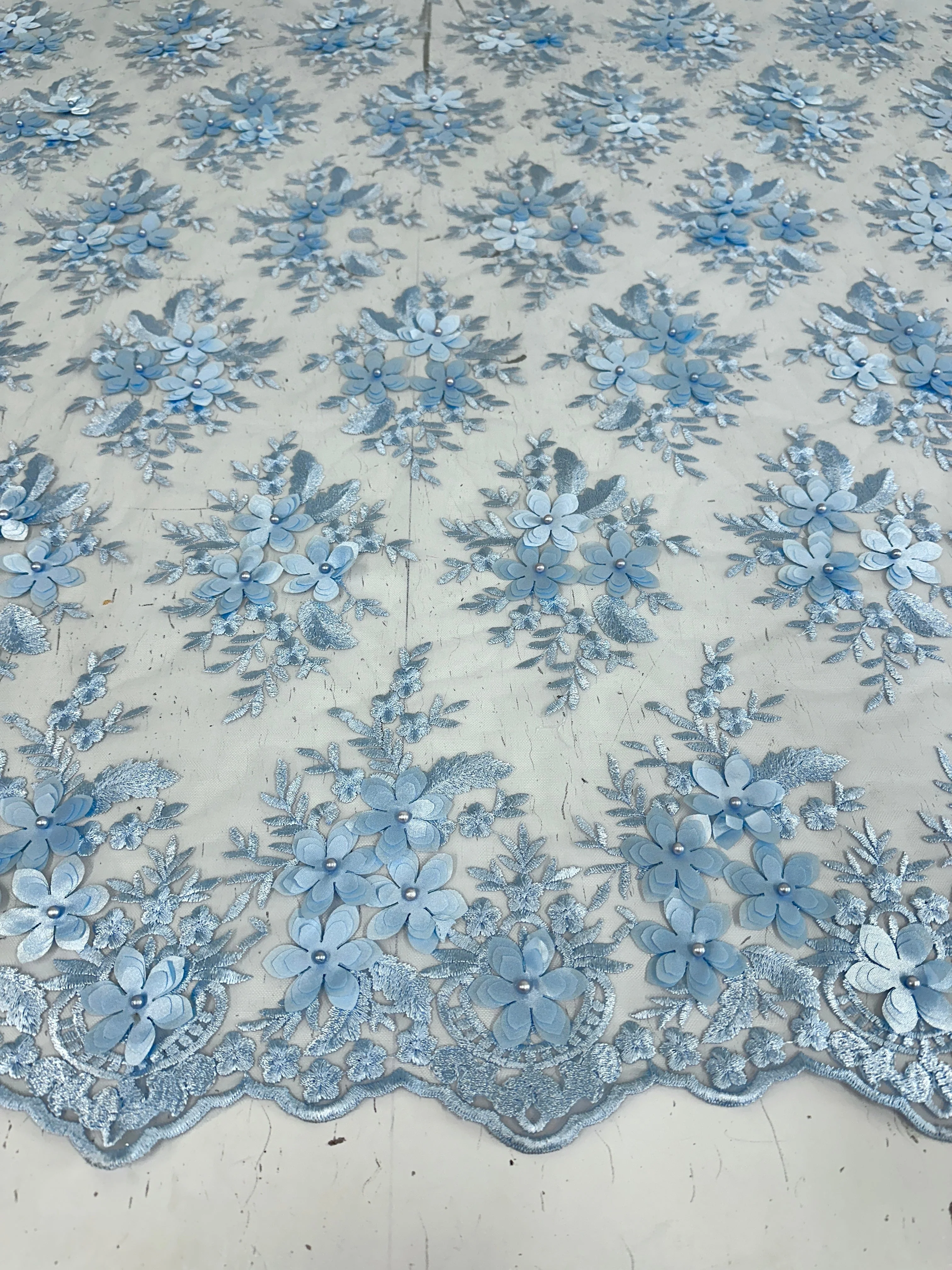 Baby Blue 3D Flower Scalloped Mesh Lace - Image 5