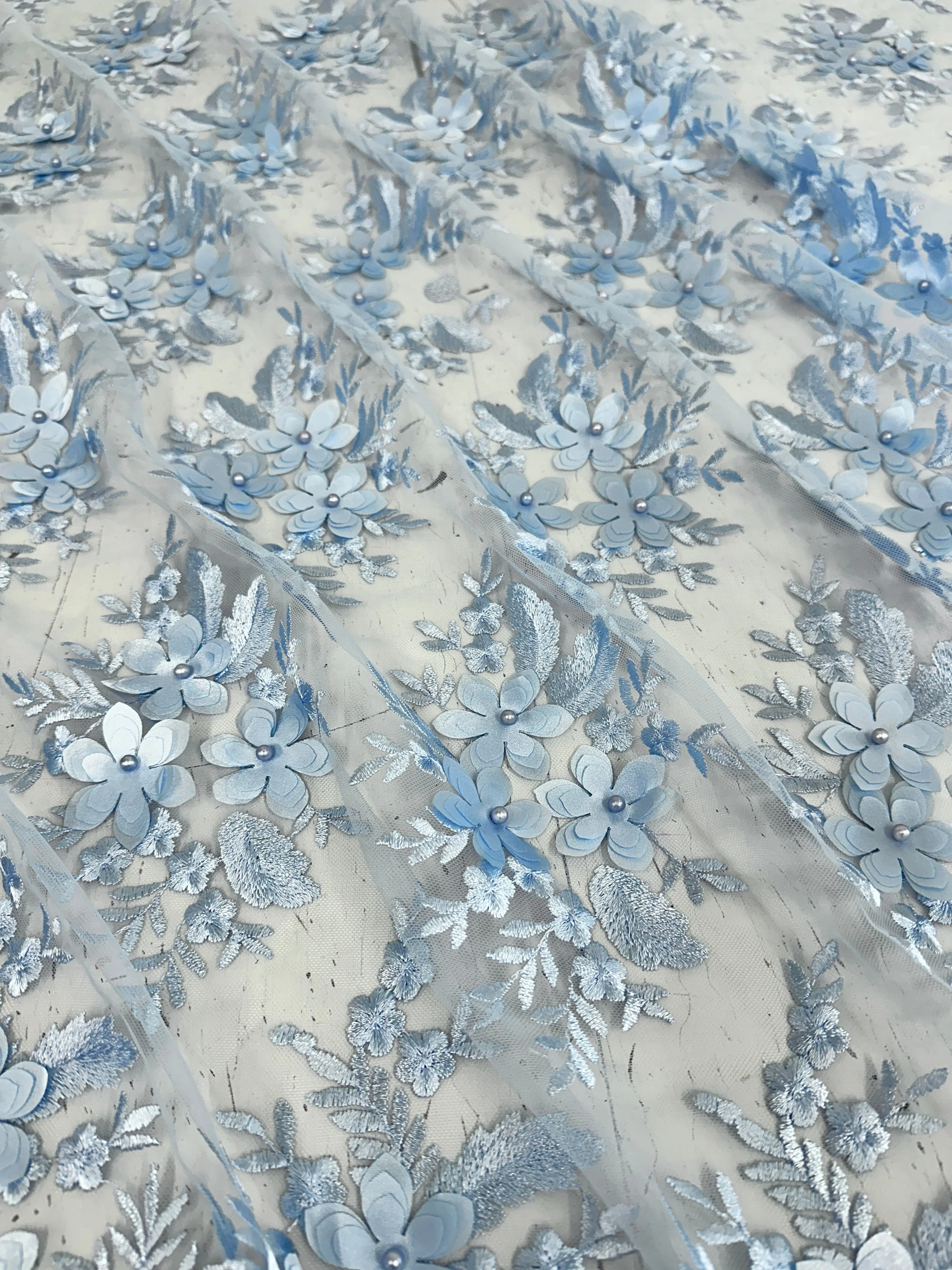 Baby Blue 3D Flower Scalloped Mesh Lace - Image 6