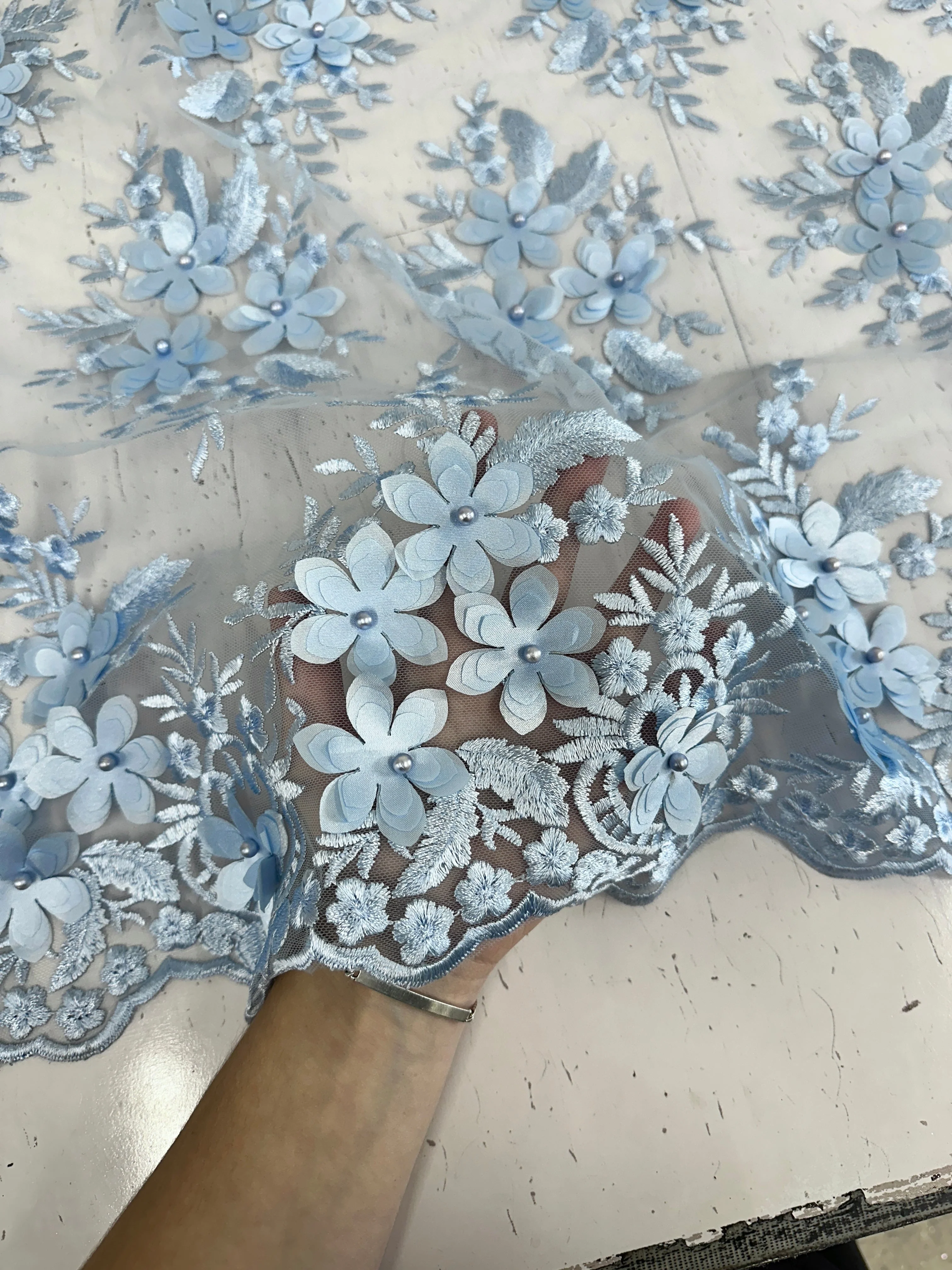 Baby Blue 3D Flower Scalloped Mesh Lace - Image 7