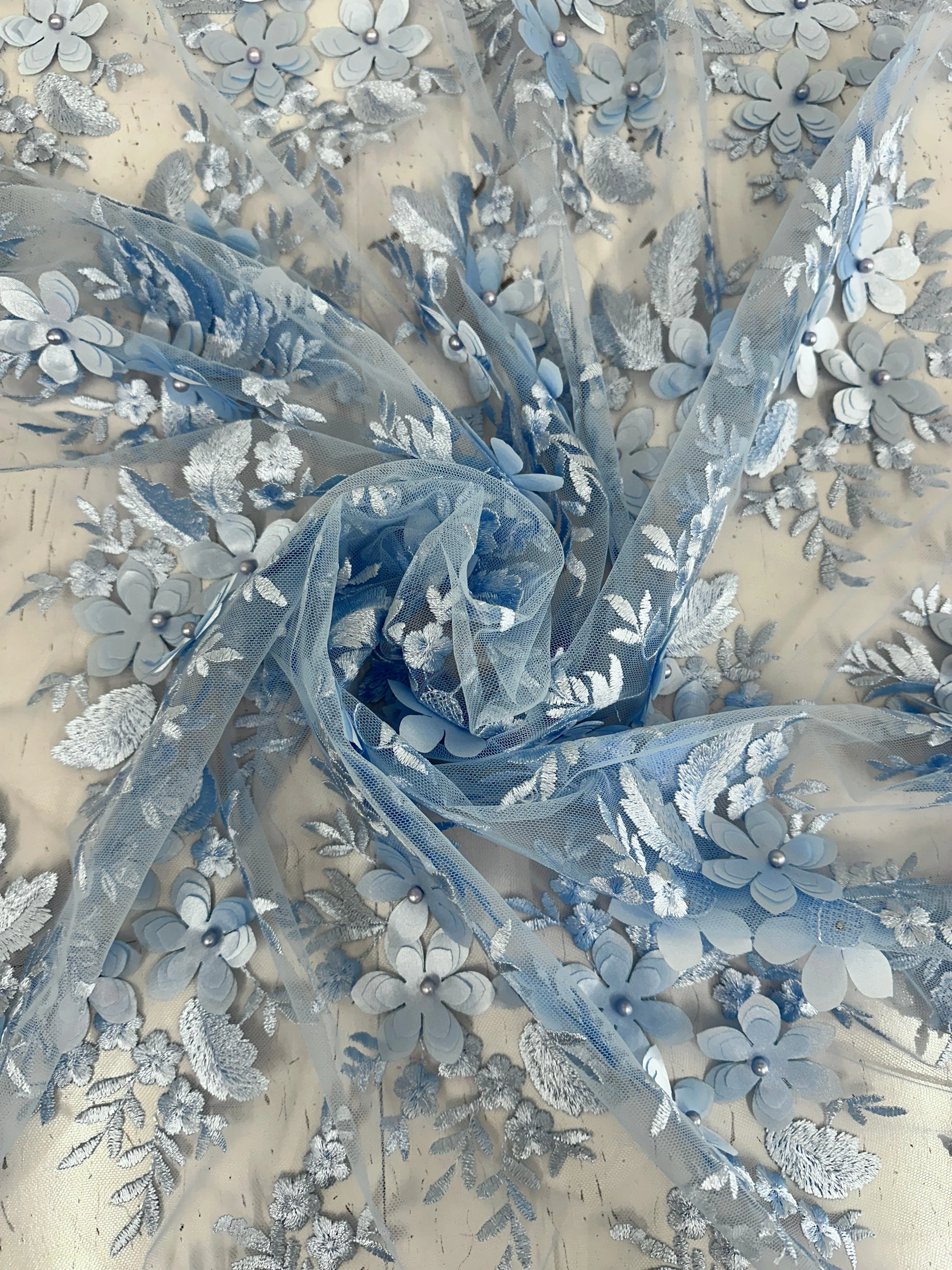 Baby Blue 3D Flower Scalloped Mesh Lace - Image 8