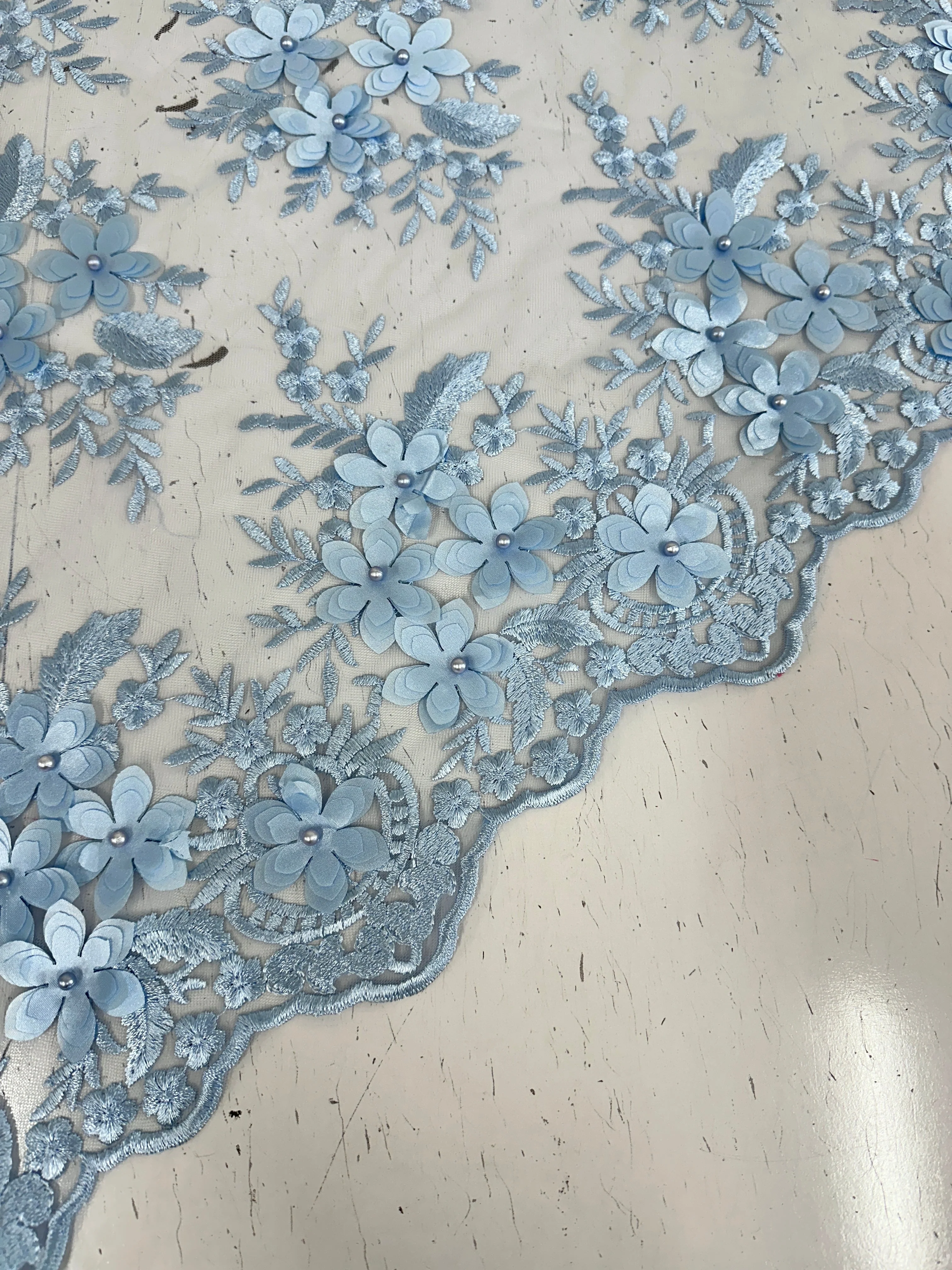 Baby Blue 3D Flower Scalloped Mesh Lace - Image 9