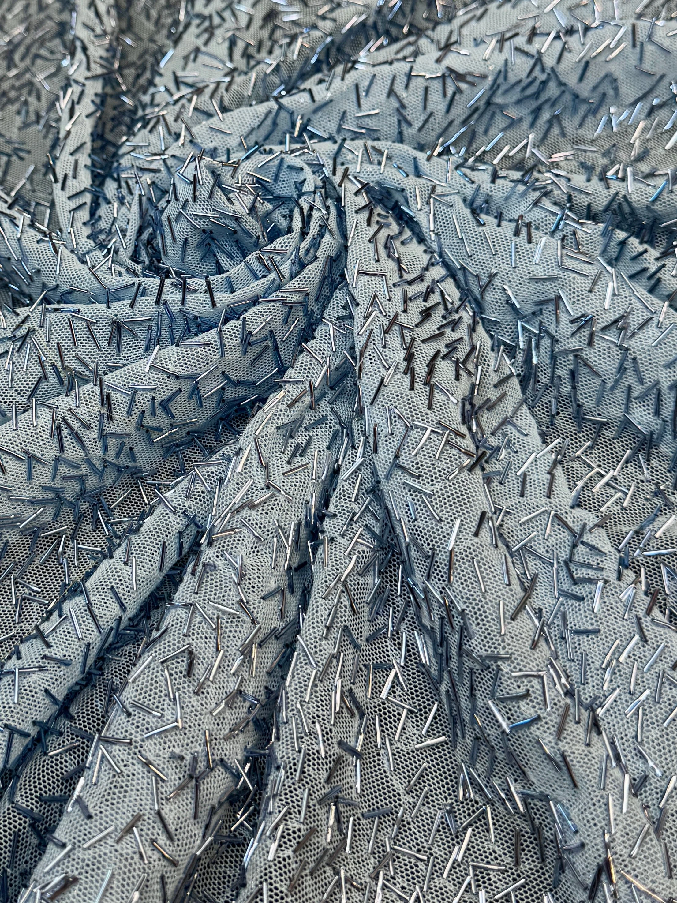 Baby Blue Bugle Beaded Stretch Mesh - Image 2