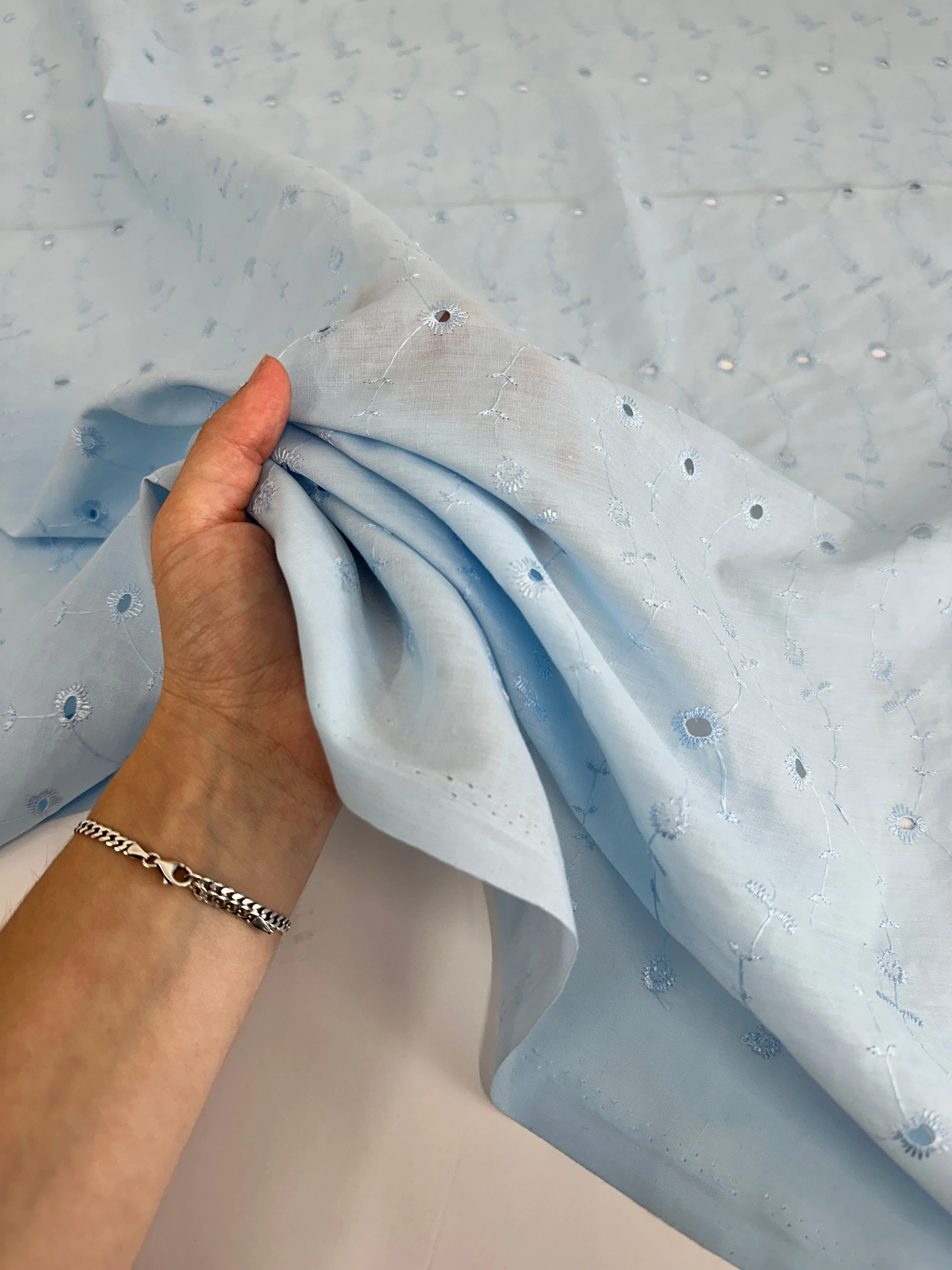 Baby Blue Dainty Floral Embroidered Cotton Eyelet - Image 4
