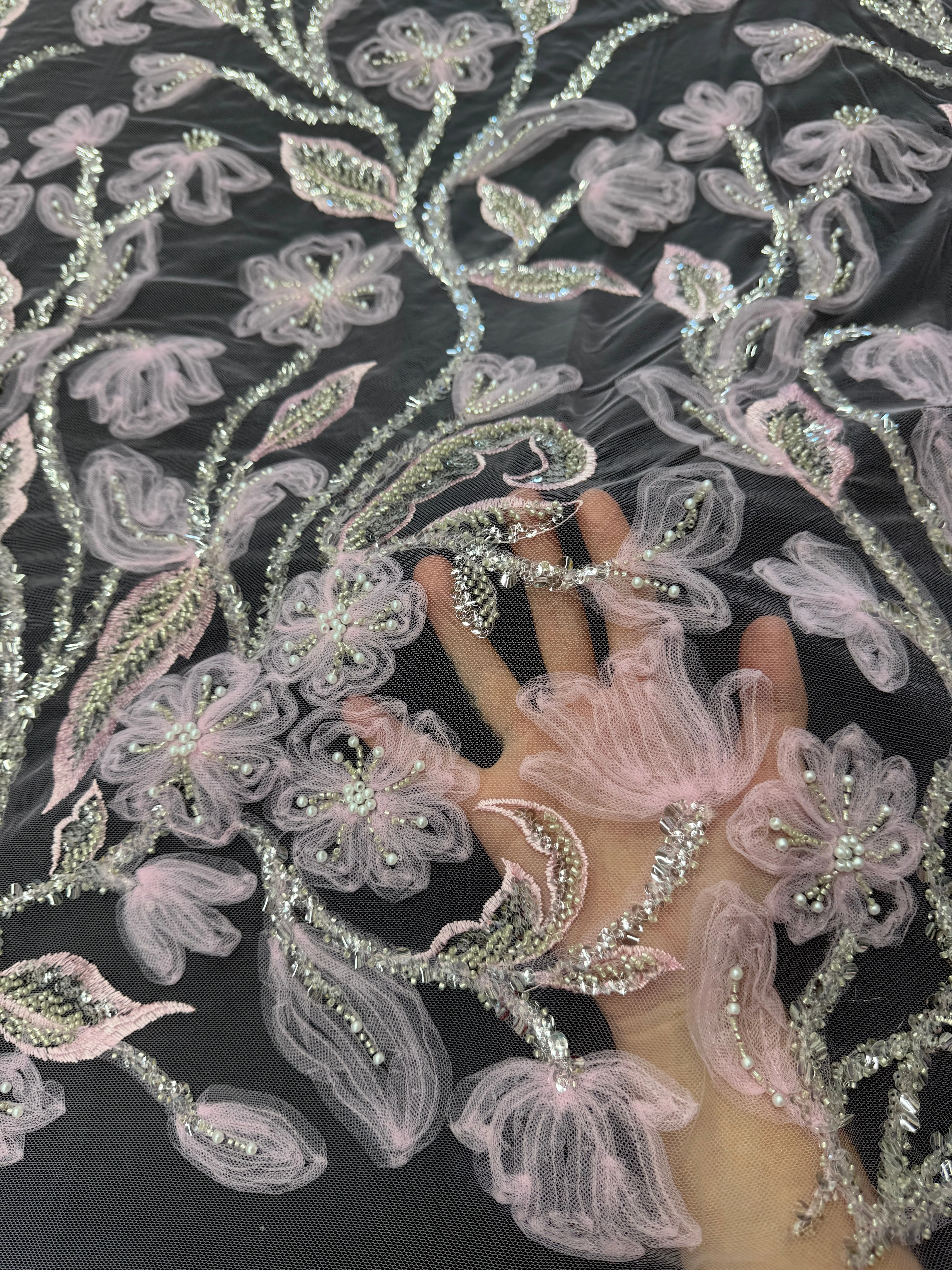 Baby Pink 3D Floral Tulle Beaded Lace Mesh