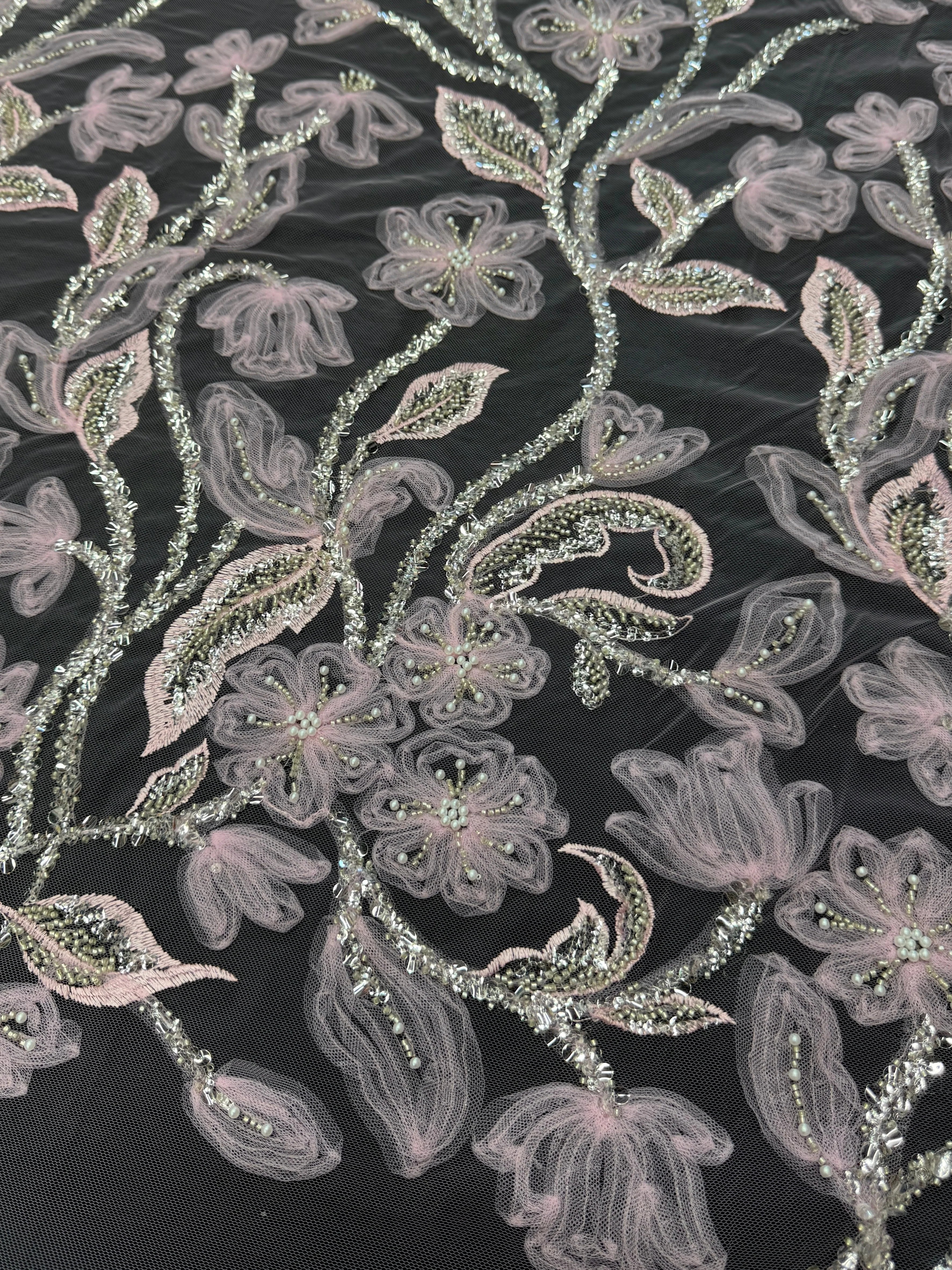 Baby Pink 3D Floral Tulle Beaded Lace Mesh - Image 2