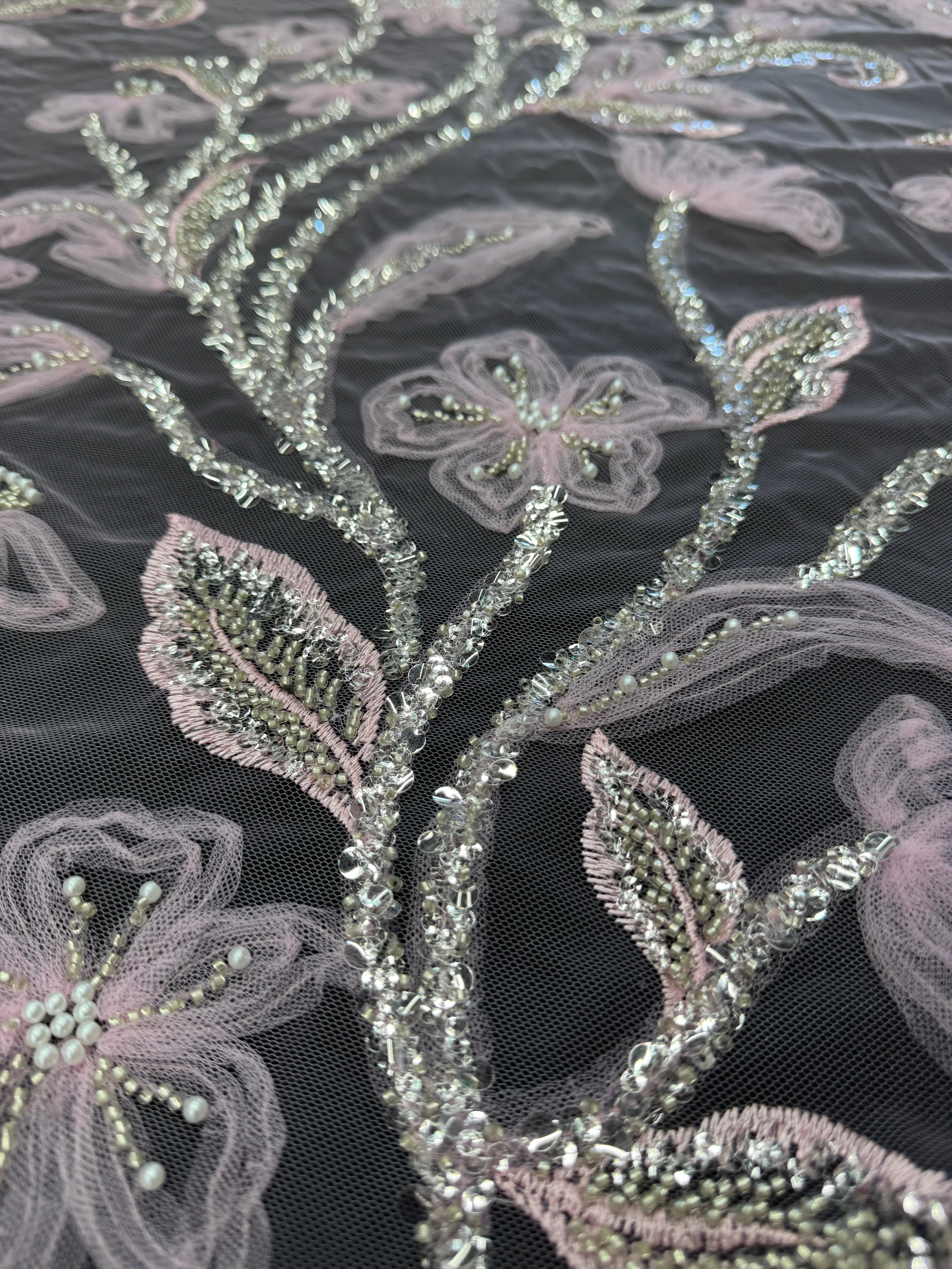 Baby Pink 3D Floral Tulle Beaded Lace Mesh - Image 3