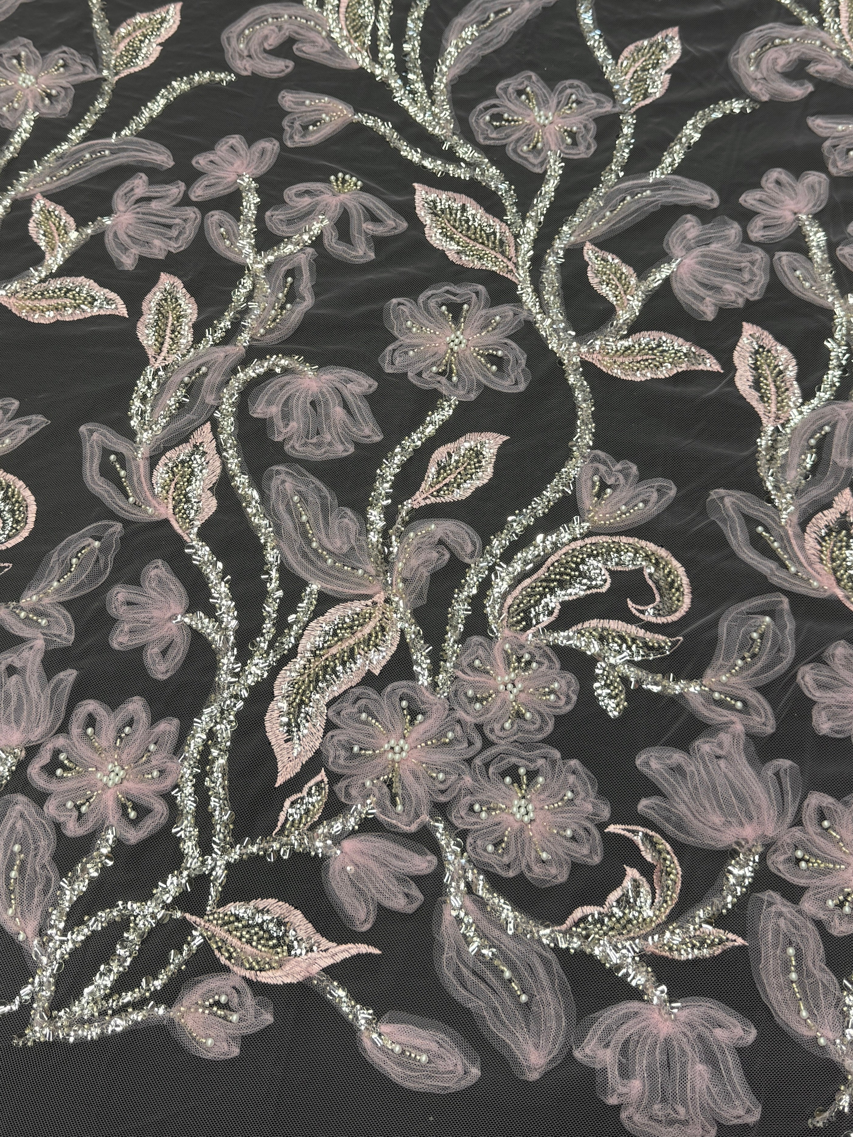 Baby Pink 3D Floral Tulle Beaded Lace Mesh - Image 4