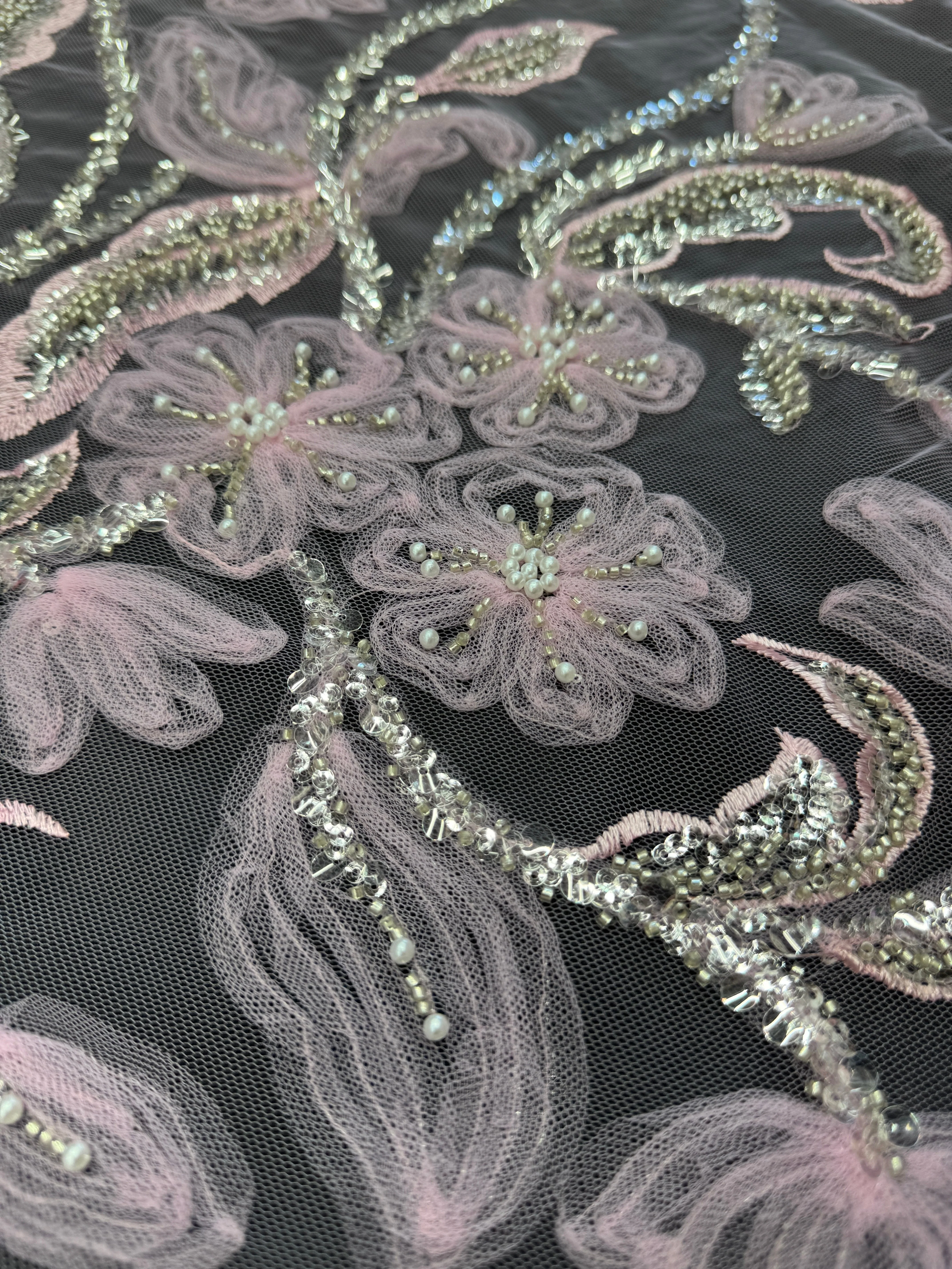 Baby Pink 3D Floral Tulle Beaded Lace Mesh - Image 5