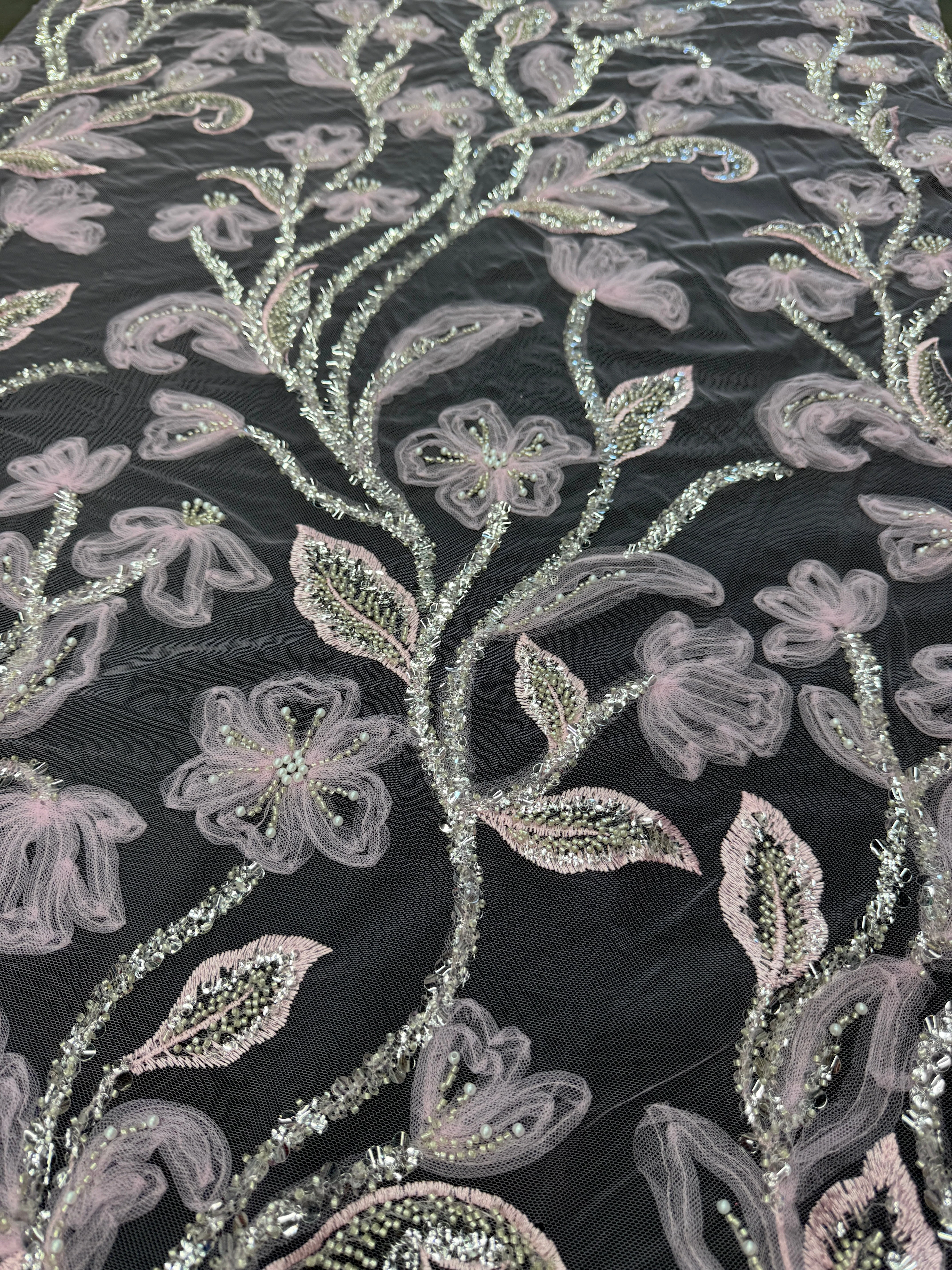 Baby Pink 3D Floral Tulle Beaded Lace Mesh - Image 6