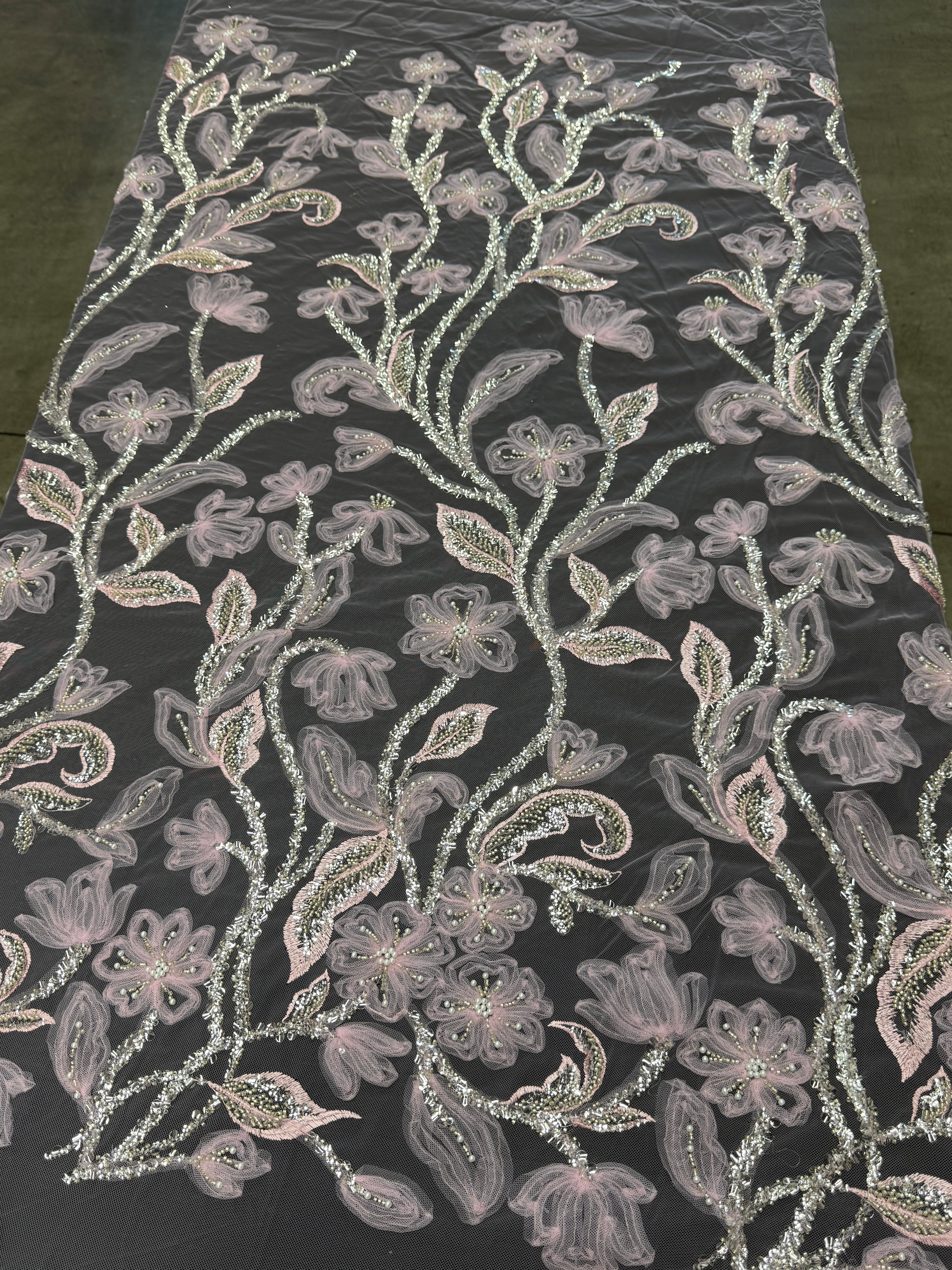 Baby Pink 3D Floral Tulle Beaded Lace Mesh - Image 7