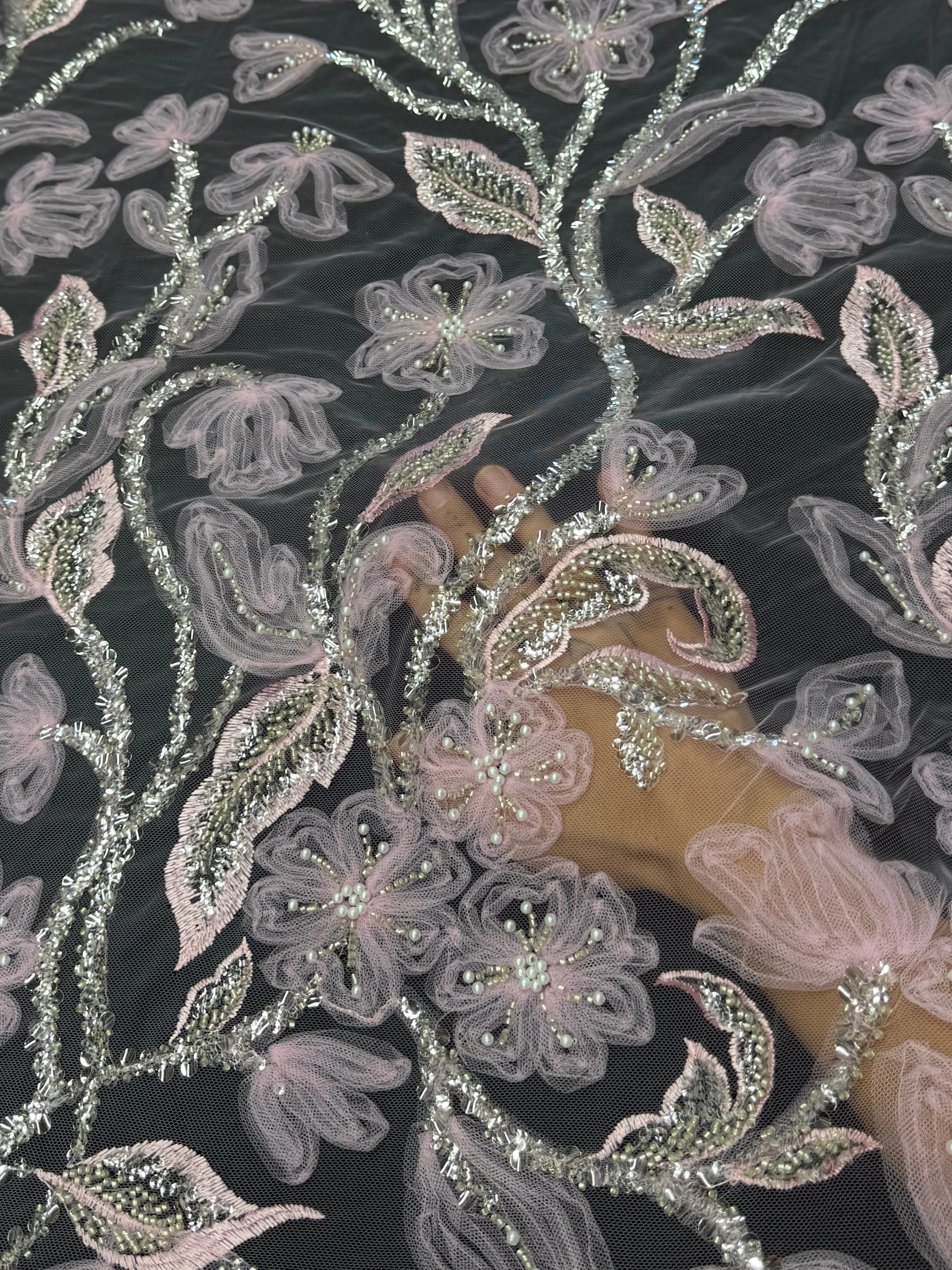 Baby Pink 3D Floral Tulle Beaded Lace Mesh - Image 8