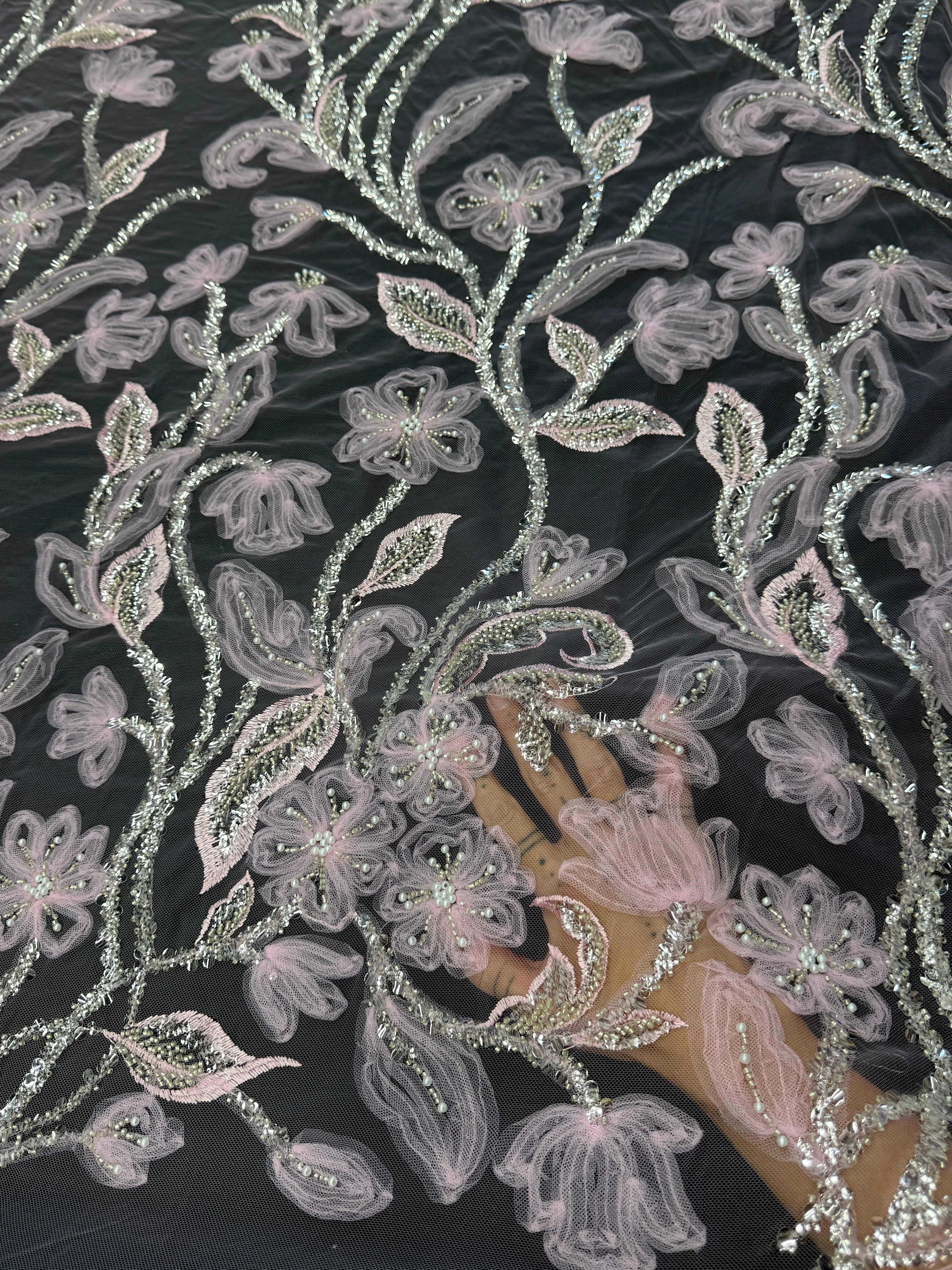 Baby Pink 3D Floral Tulle Beaded Lace Mesh - Image 9