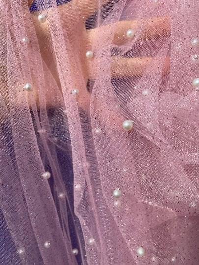 Baby Pink Pearl Beaded Glittery Mesh/Tulle - Image 3