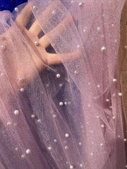 Baby Pink Pearl Beaded Glittery Mesh/Tulle - Image 4