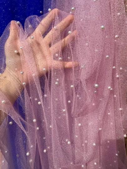 Baby Pink Pearl Beaded Glittery Mesh/Tulle - Image 5