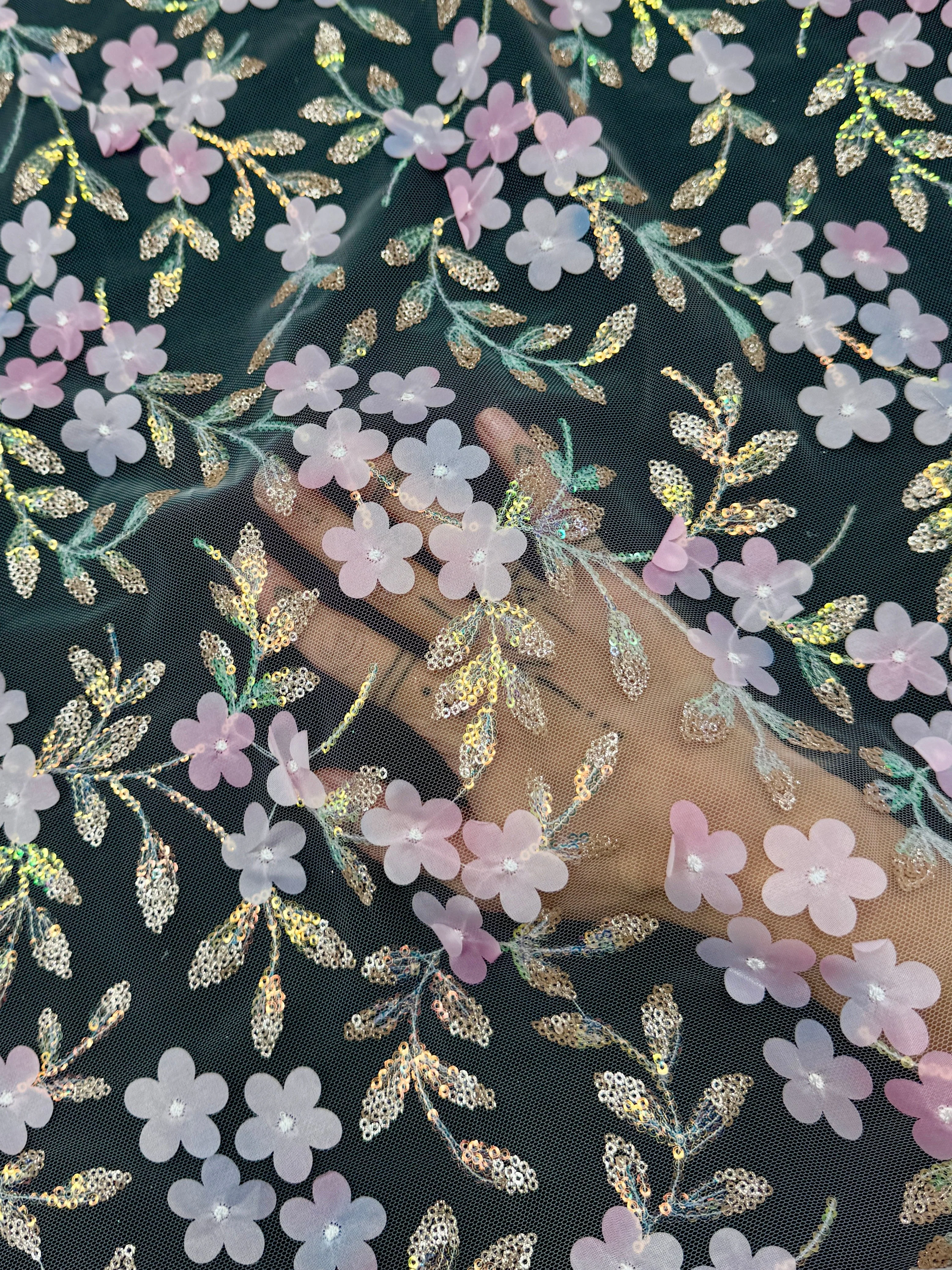 Baby Pink Multicolor 3D Floral Embroidered Tulle