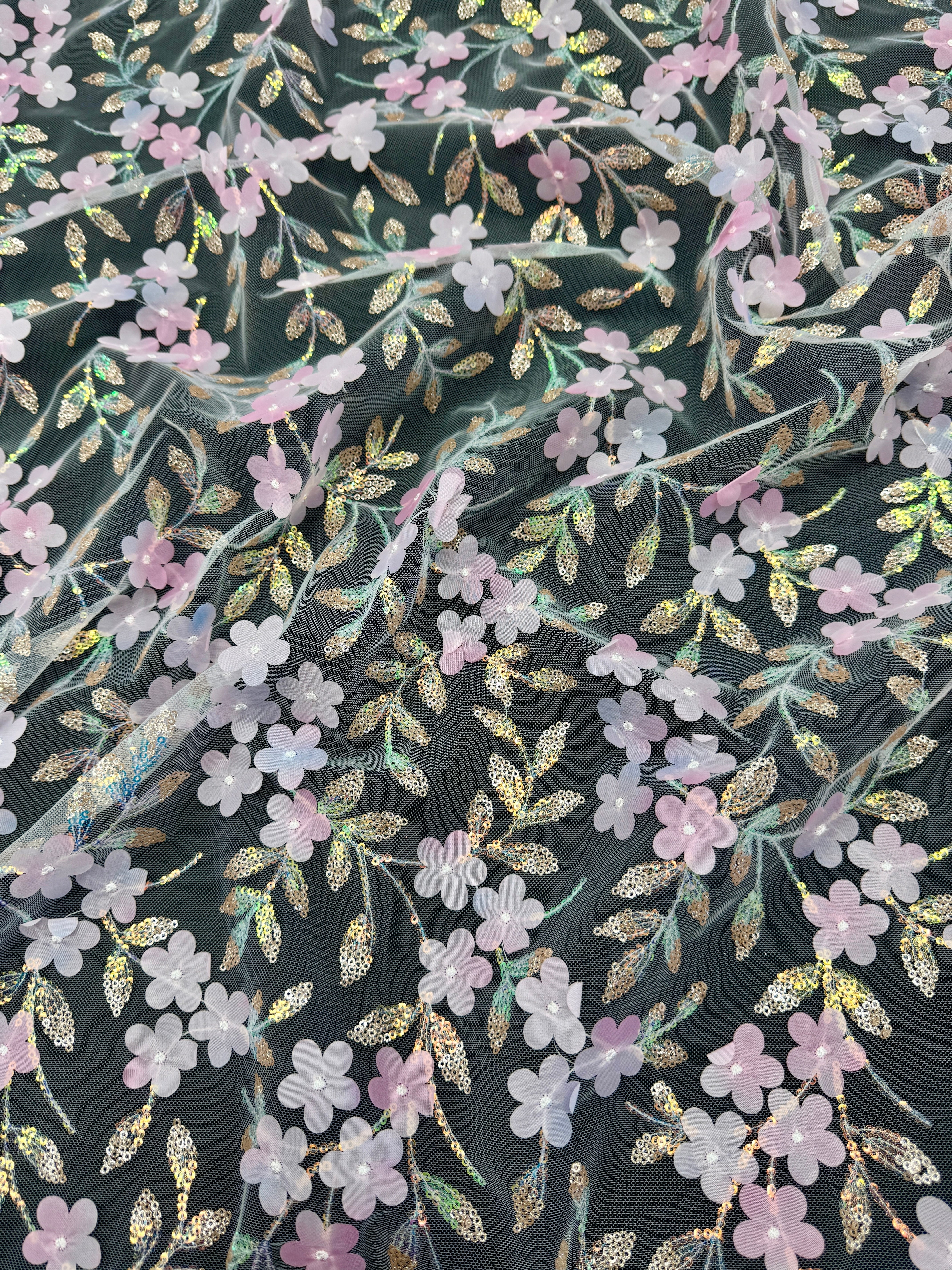 Baby Pink Multicolor 3D Floral Embroidered Tulle - Image 2
