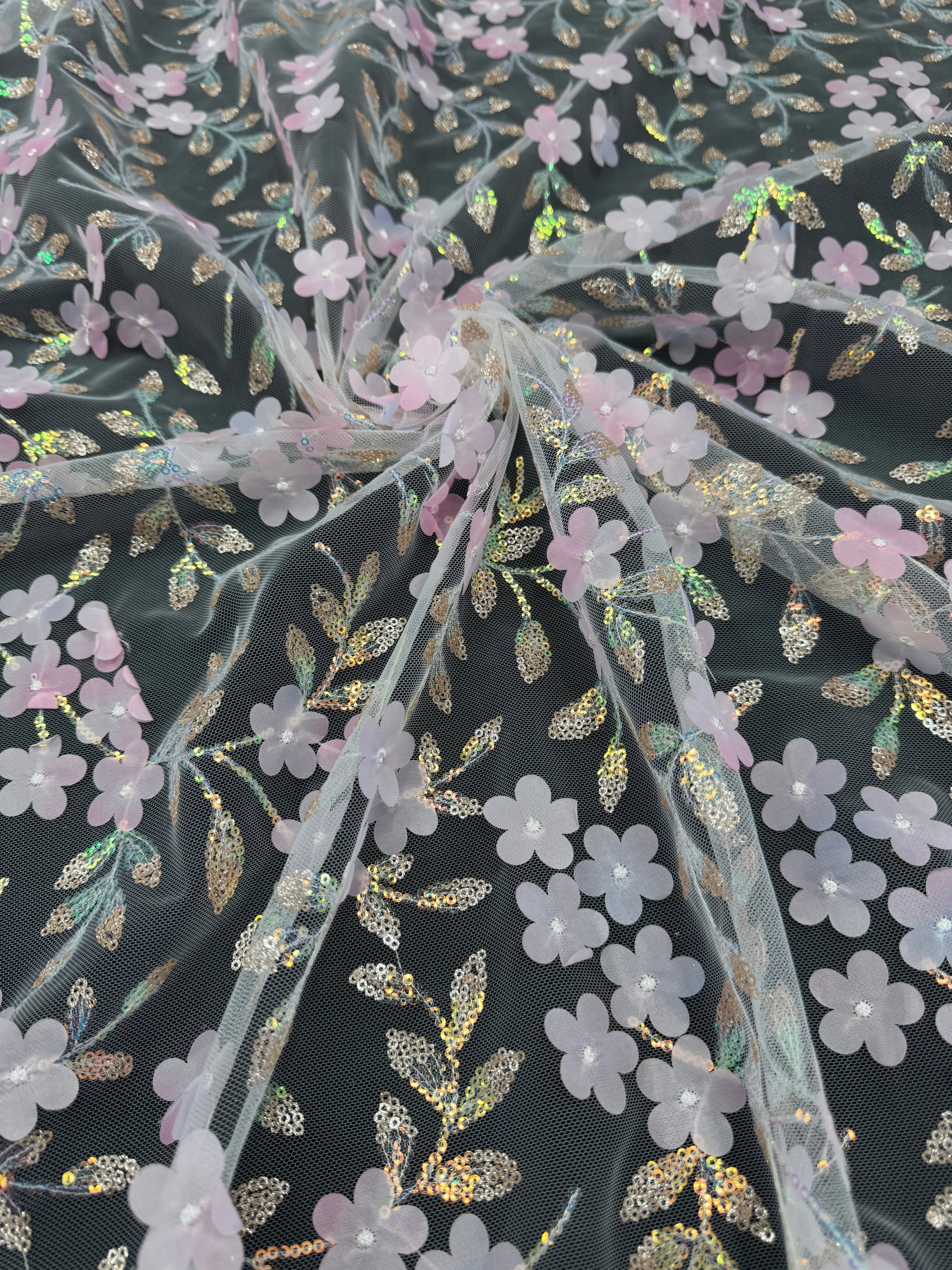 Baby Pink Multicolor 3D Floral Embroidered Tulle - Image 3