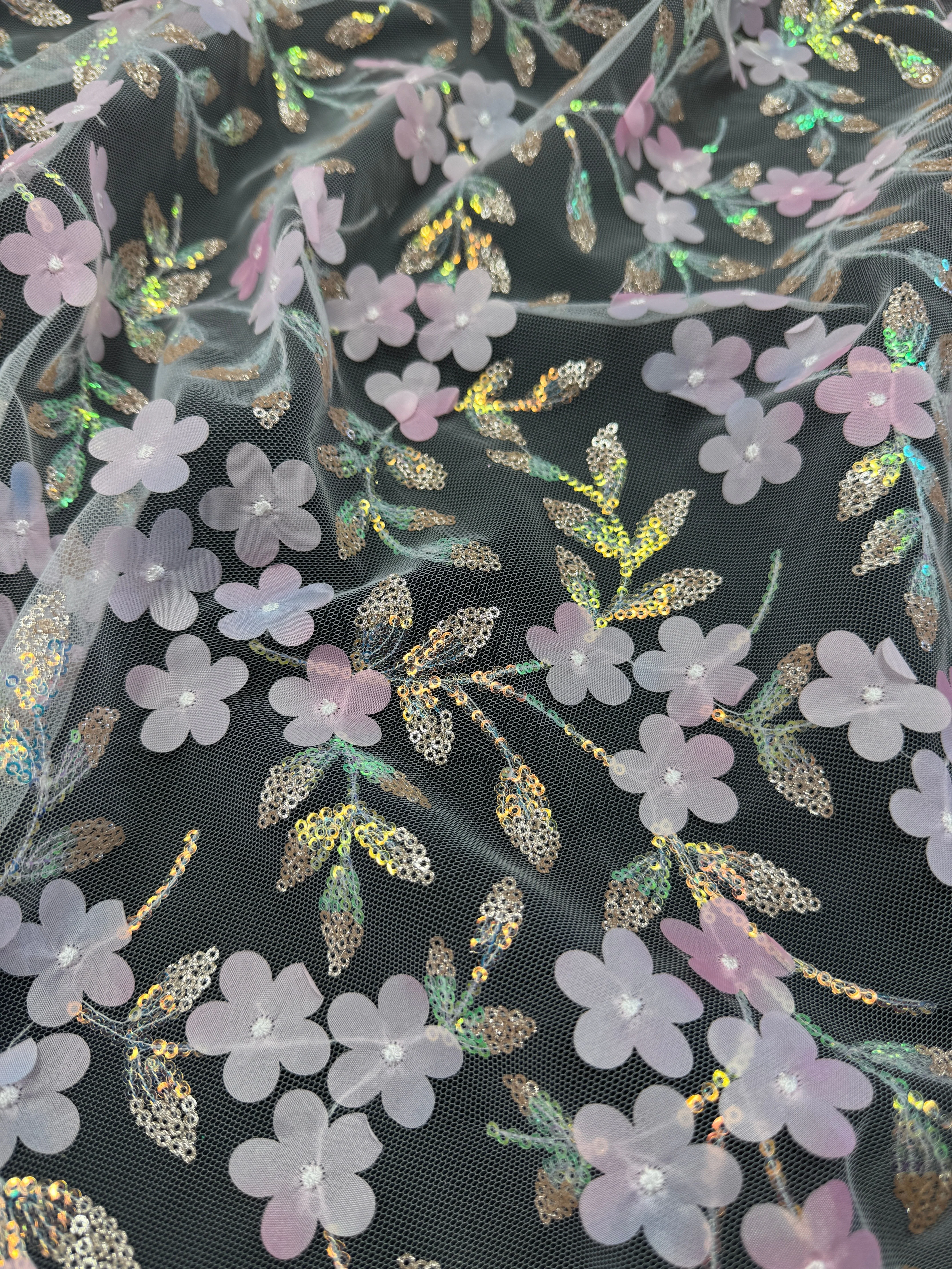Baby Pink Multicolor 3D Floral Embroidered Tulle - Image 4