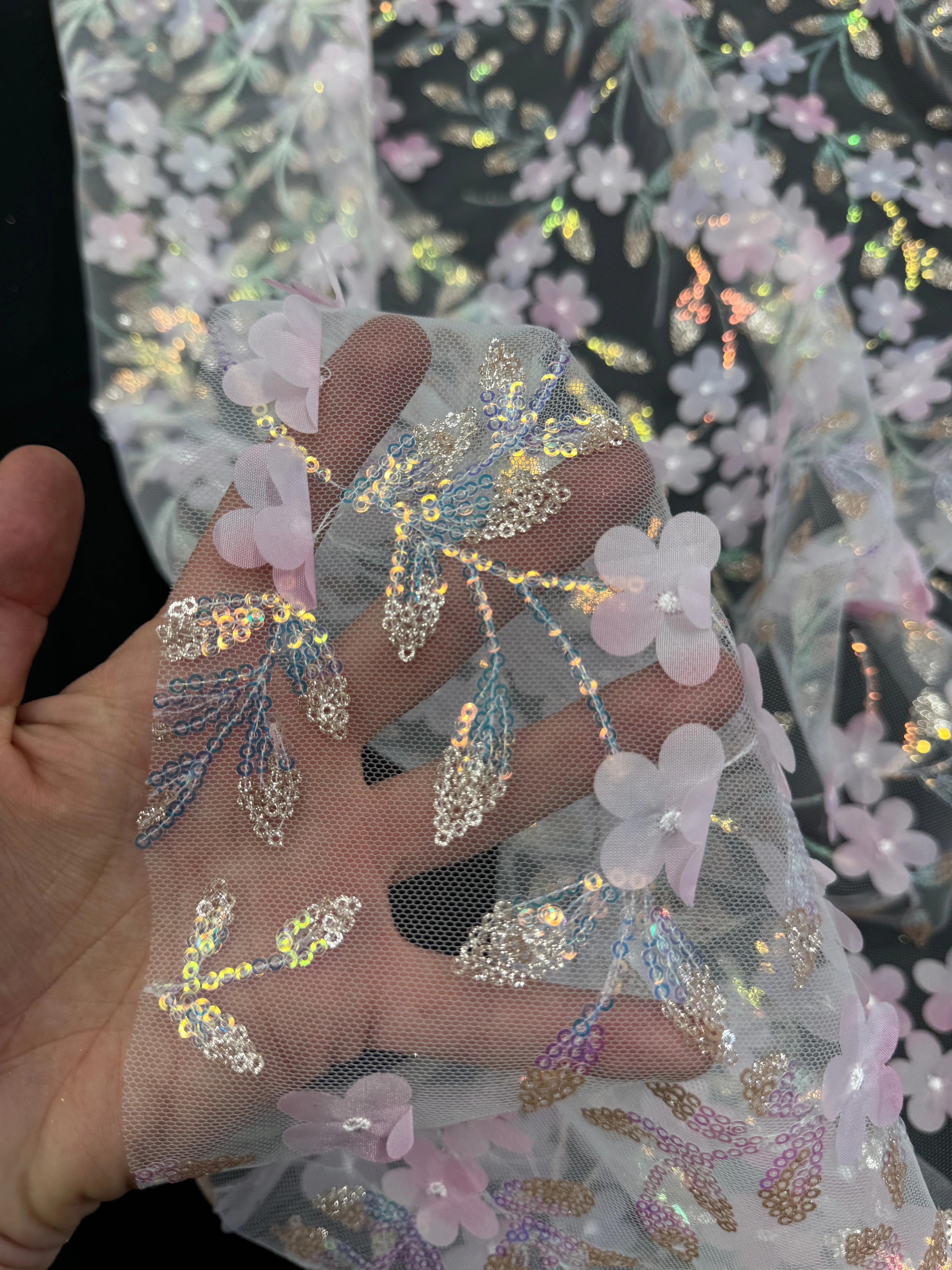Baby Pink Multicolor 3D Floral Embroidered Tulle - Image 5