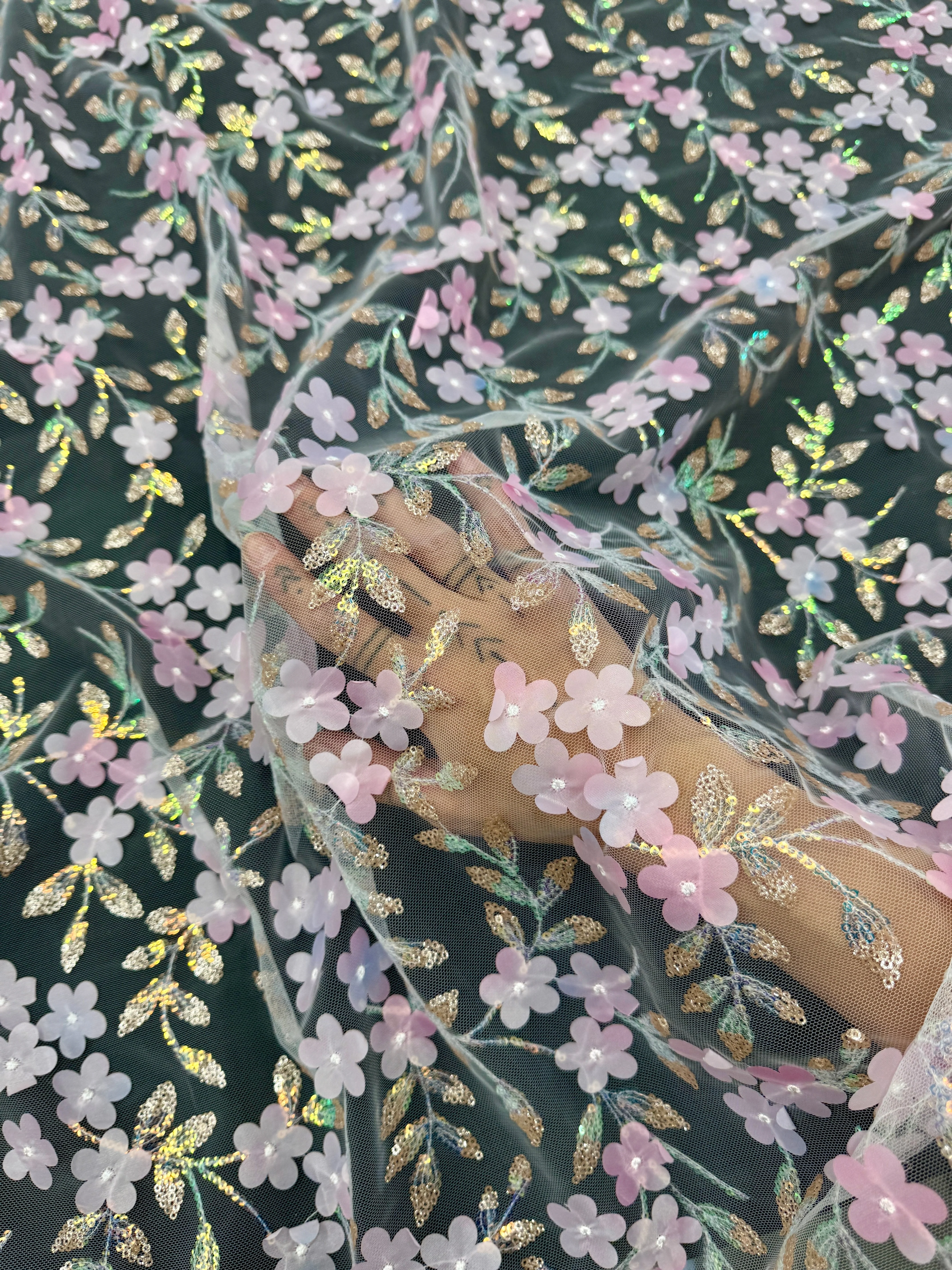 Baby Pink Multicolor 3D Floral Embroidered Tulle - Image 6