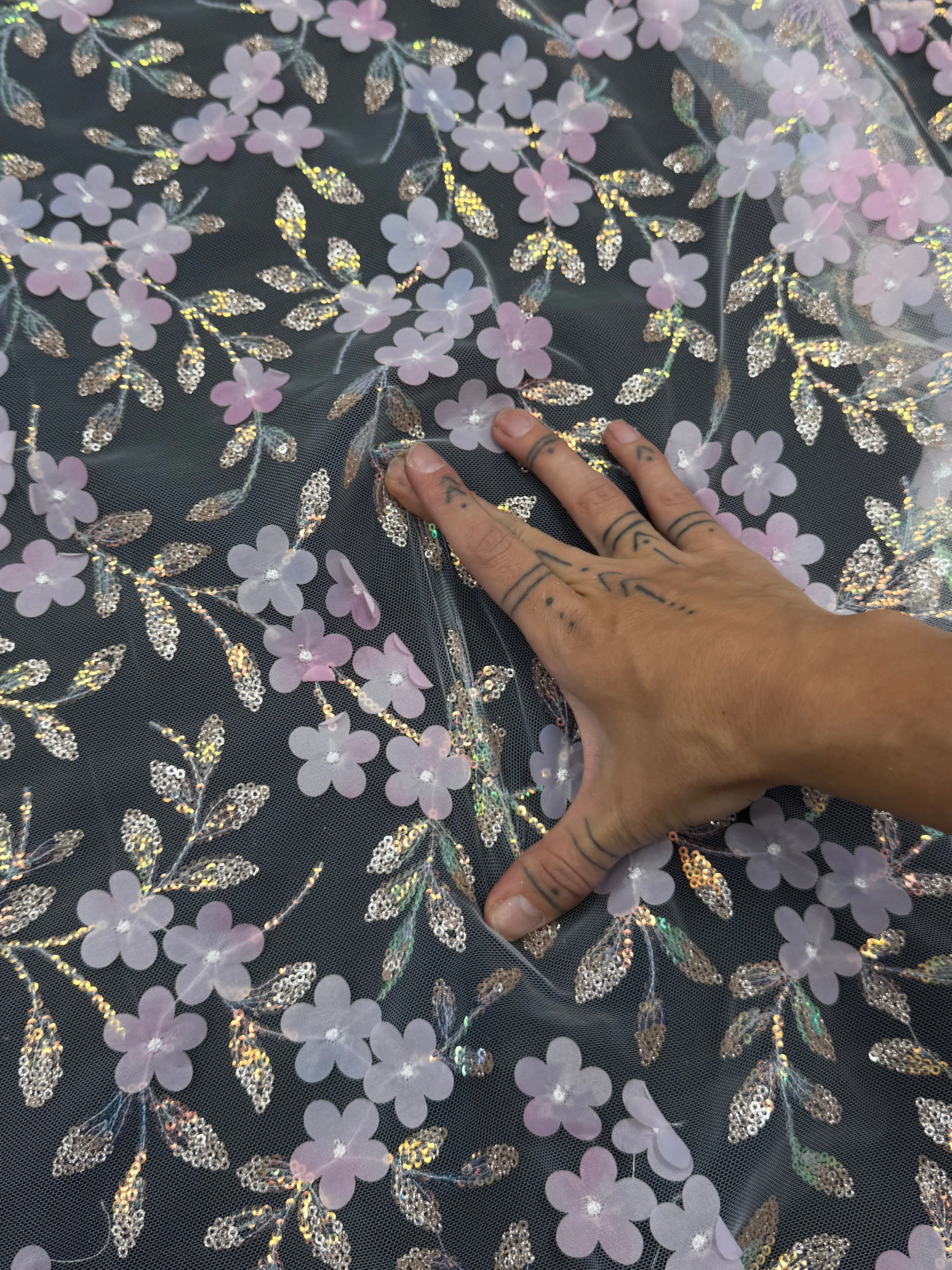 Baby Pink Multicolor 3D Floral Embroidered Tulle - Image 7