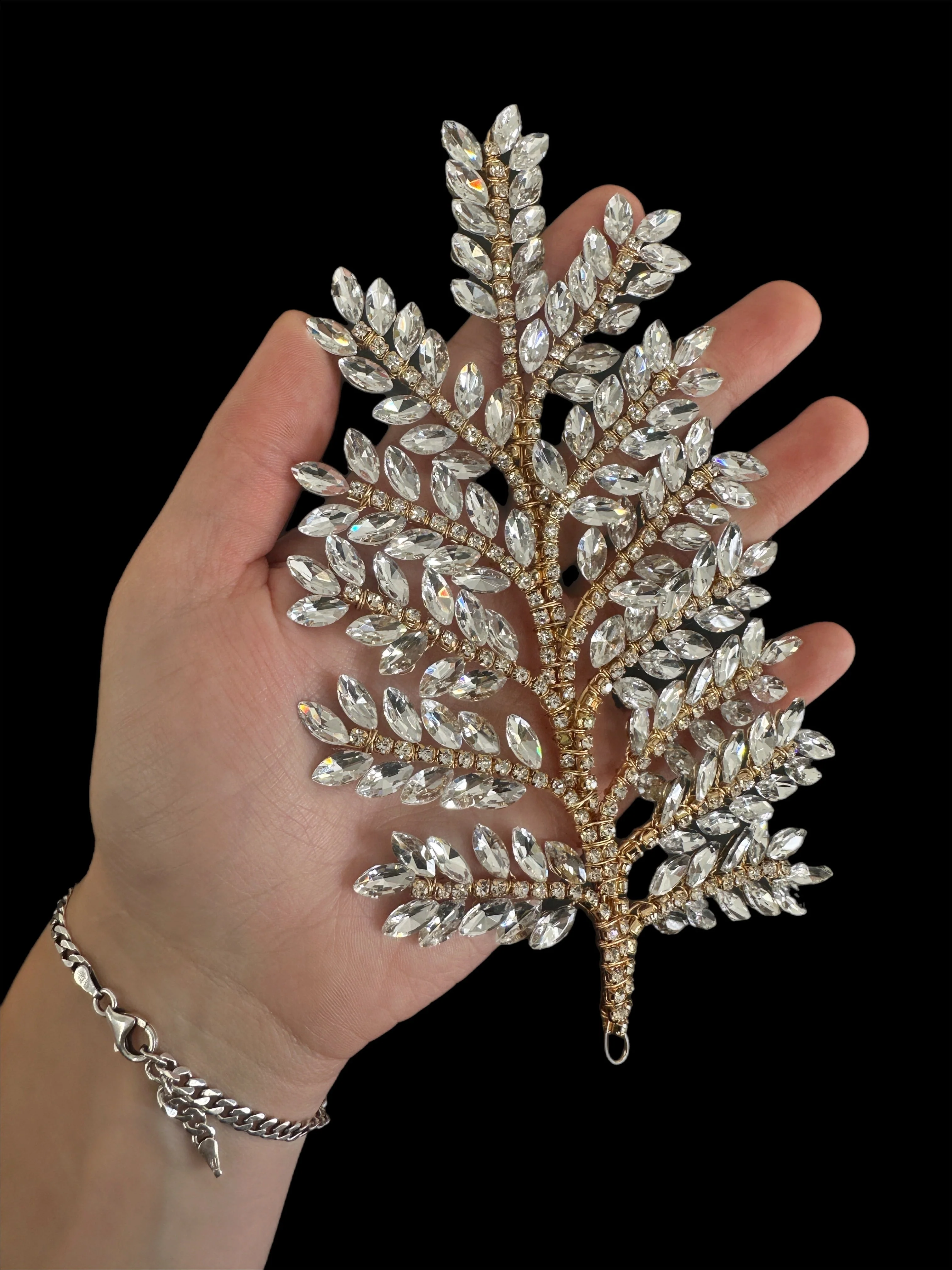 Barbara Gold Silver Bridal Leaves Rhinestone Applique - Image 2