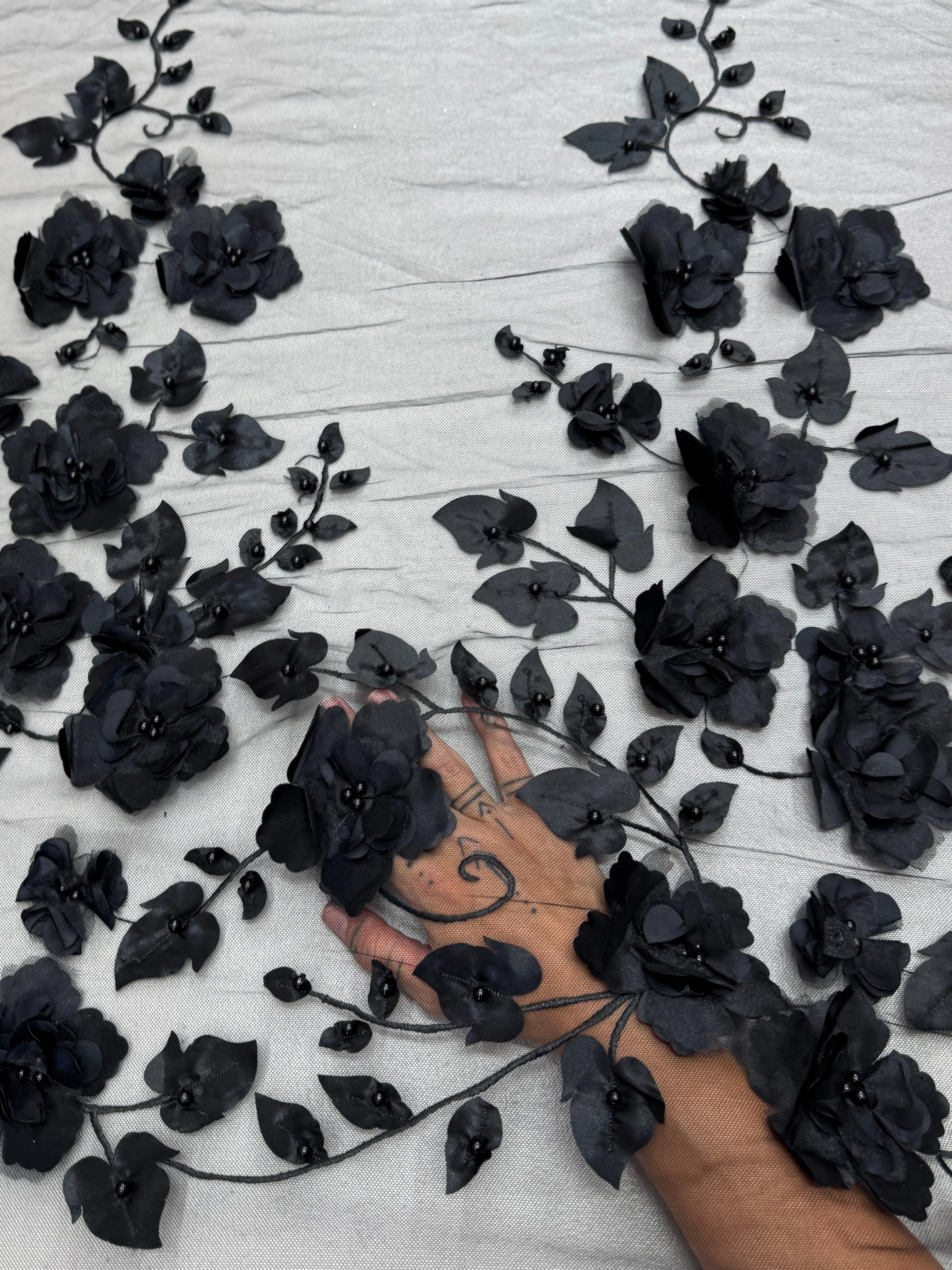 Black 3D Flower Beaded Lace Mesh