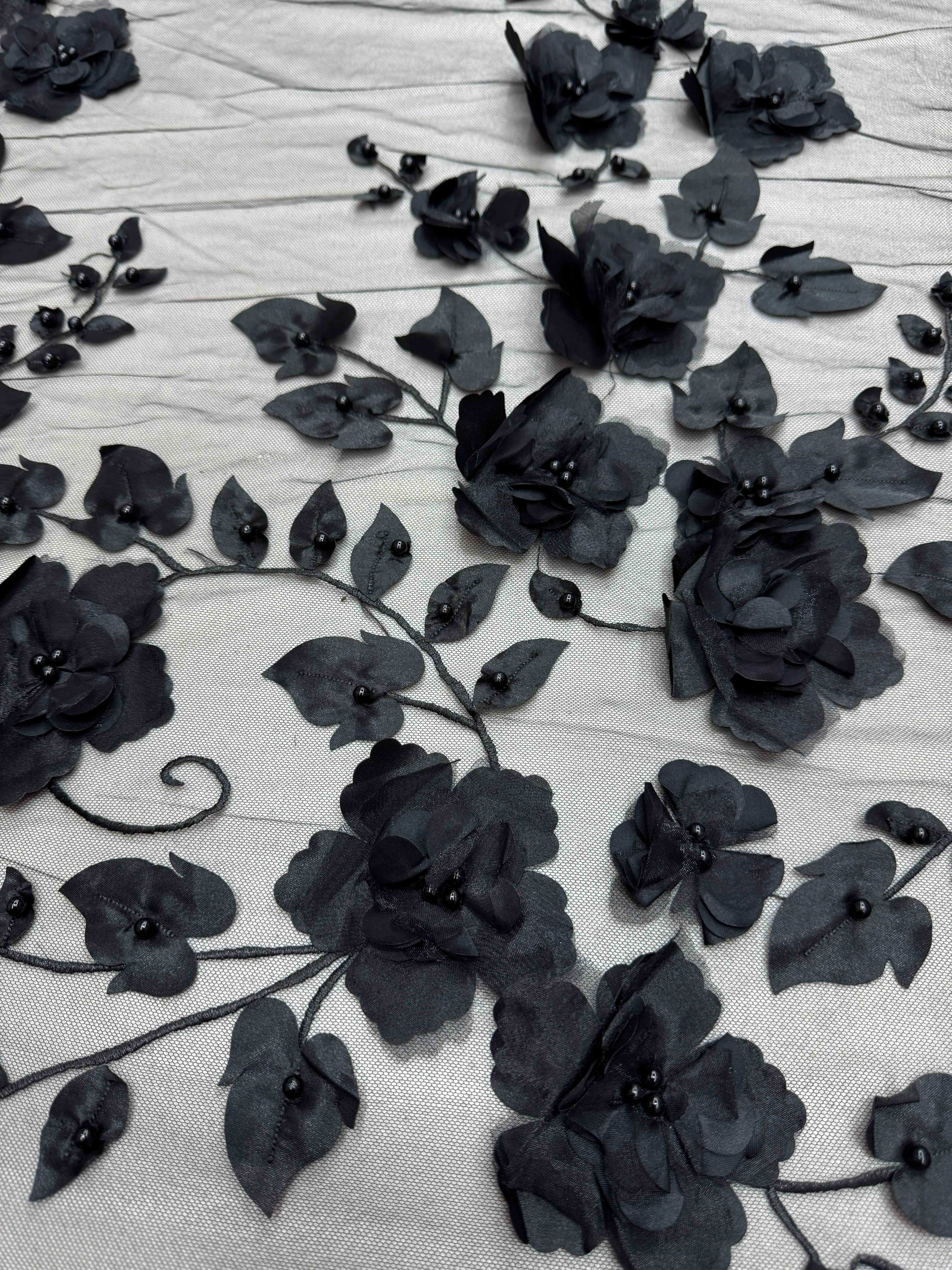 Black 3D Flower Beaded Lace Mesh - Image 3