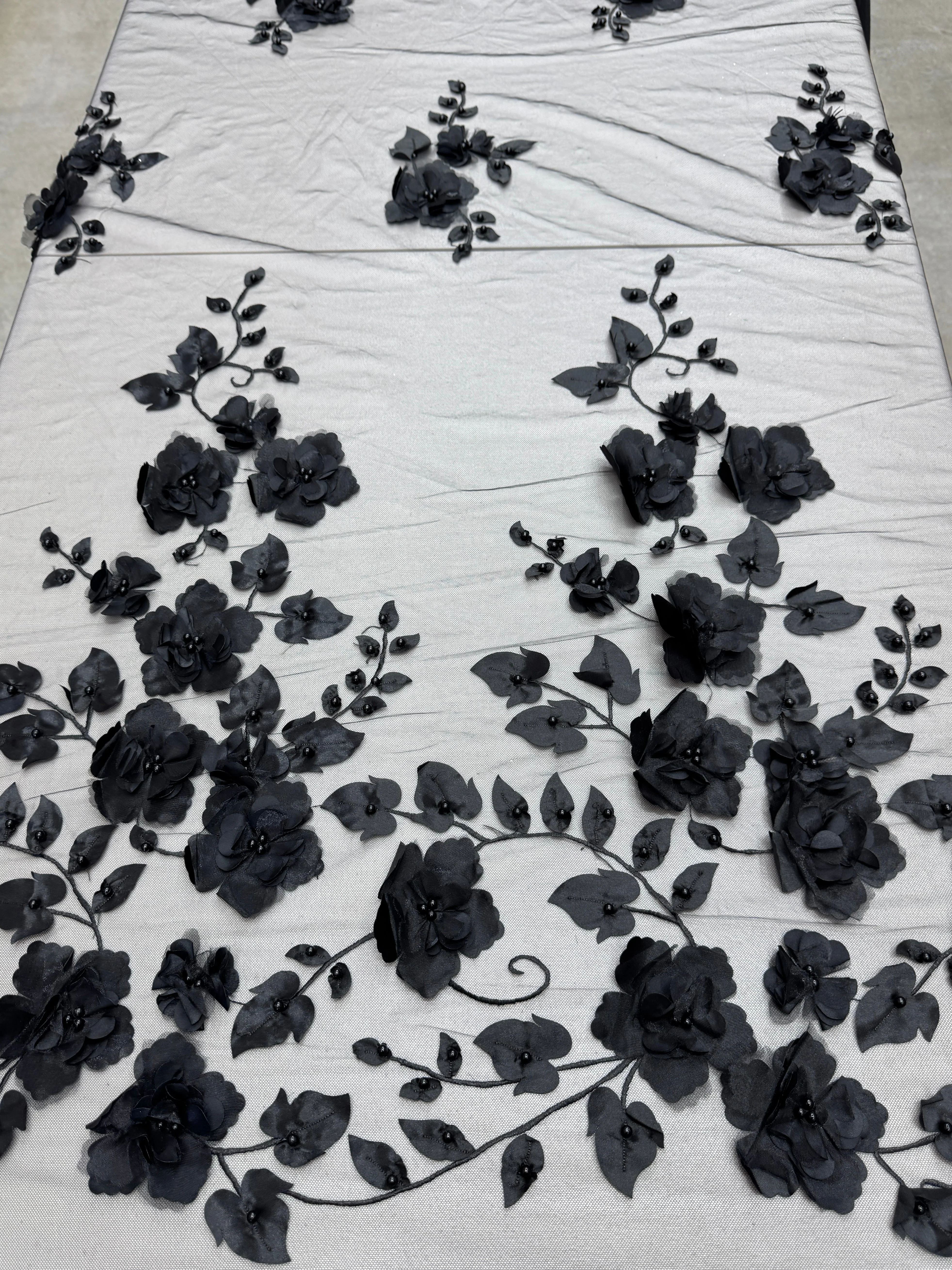 Black 3D Flower Beaded Lace Mesh - Image 4