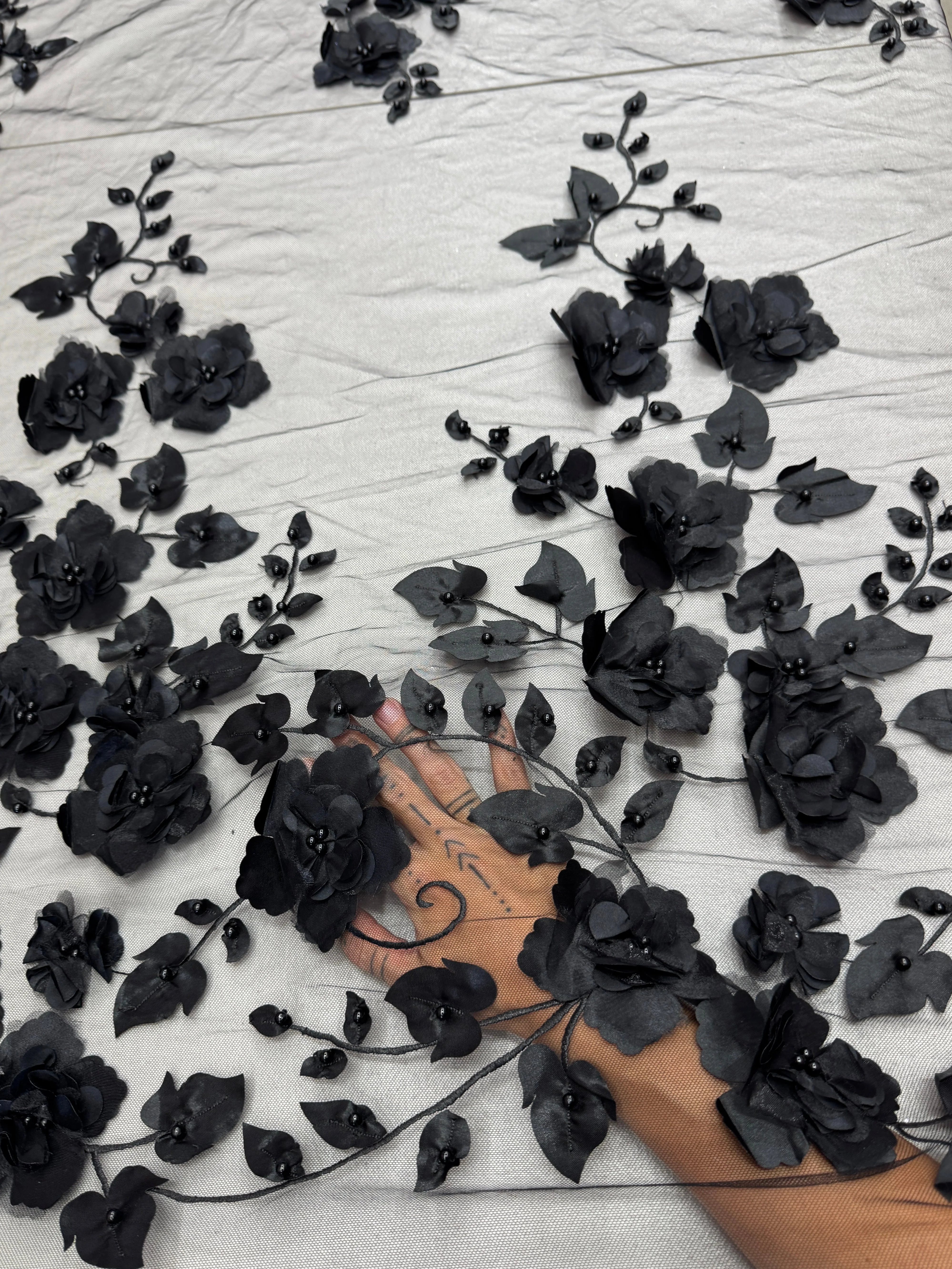Black 3D Flower Beaded Lace Mesh - Image 5