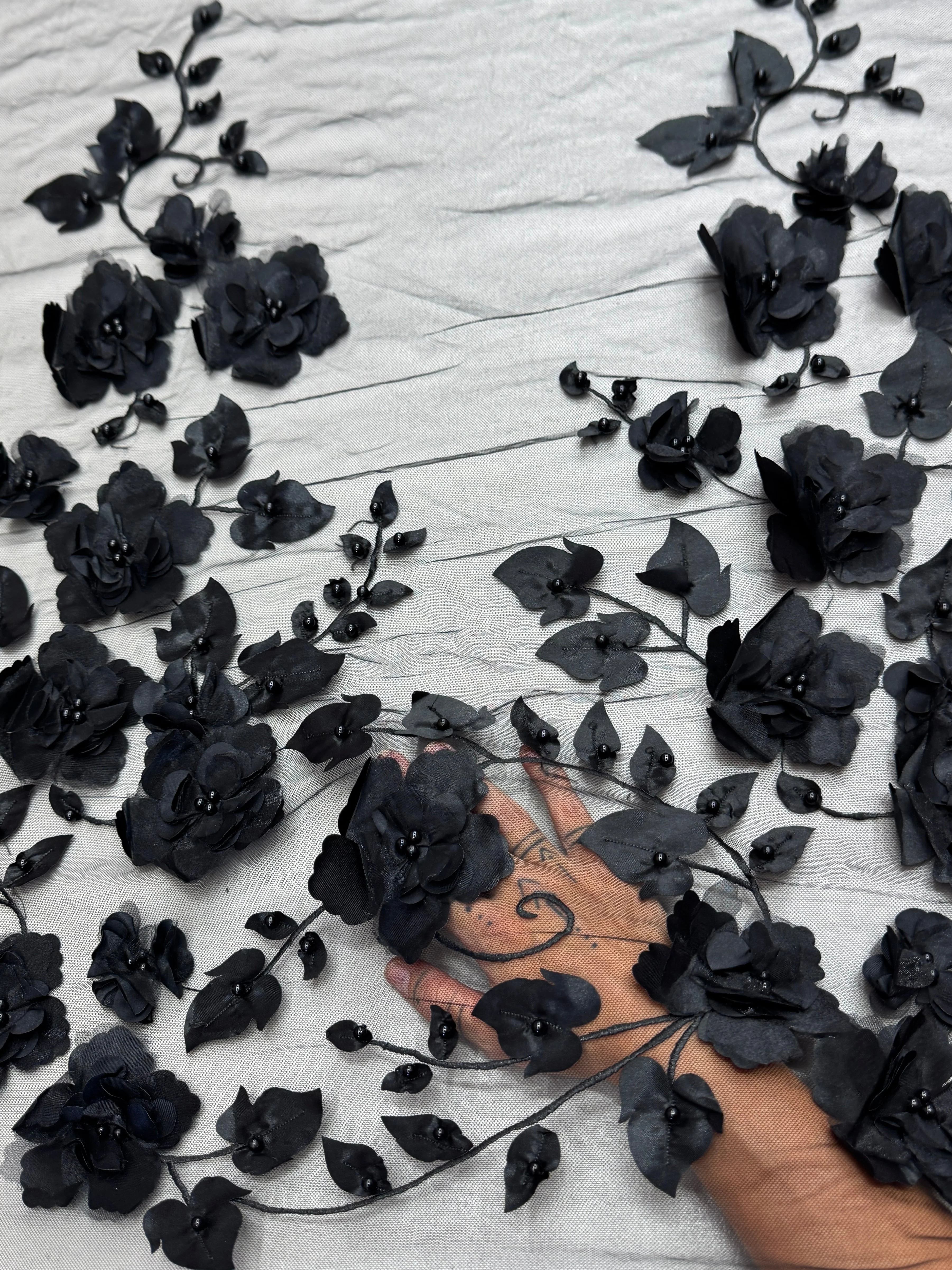 Black 3D Flower Beaded Lace Mesh - Image 6