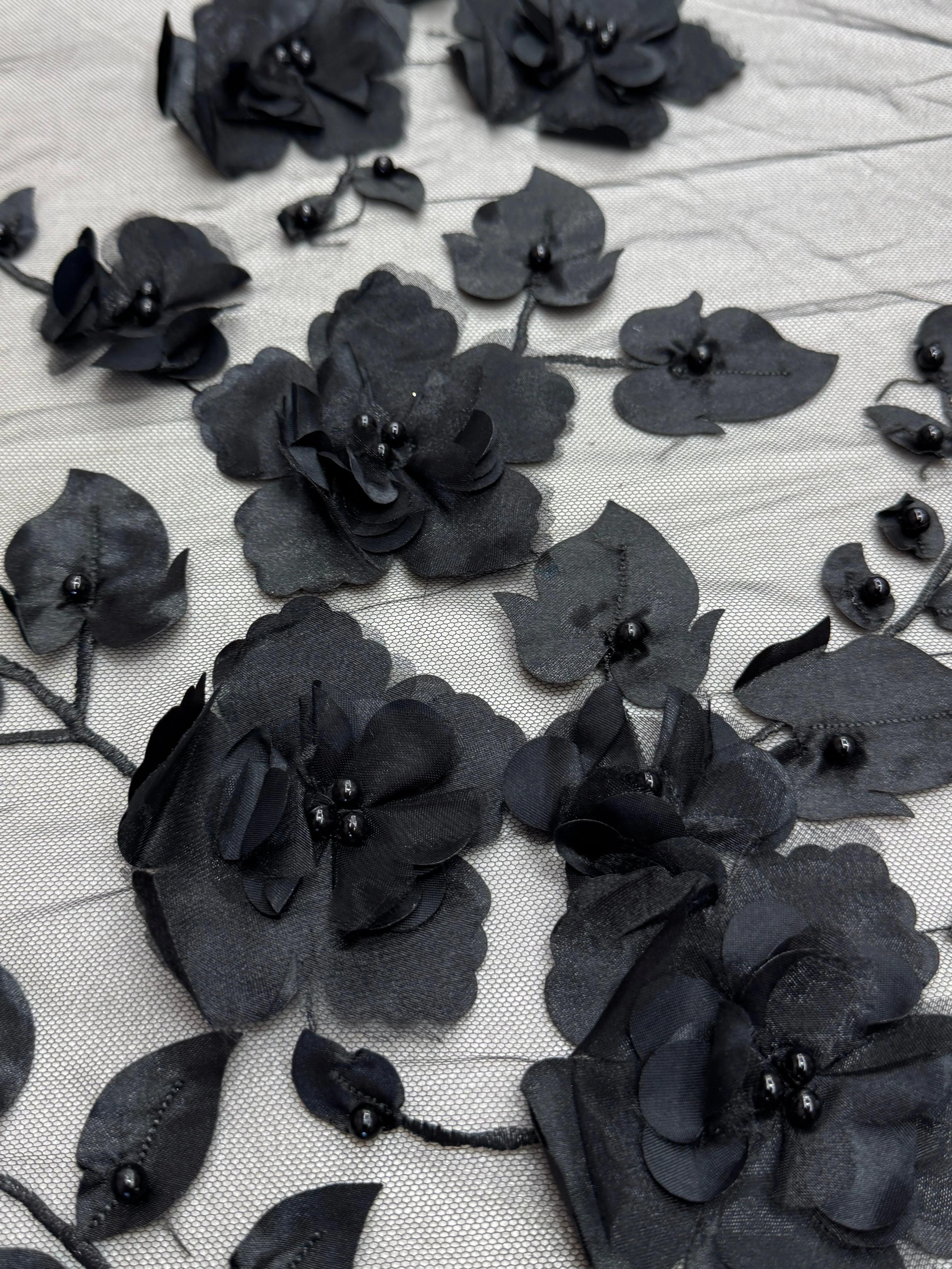 Black 3D Flower Beaded Lace Mesh - Image 7