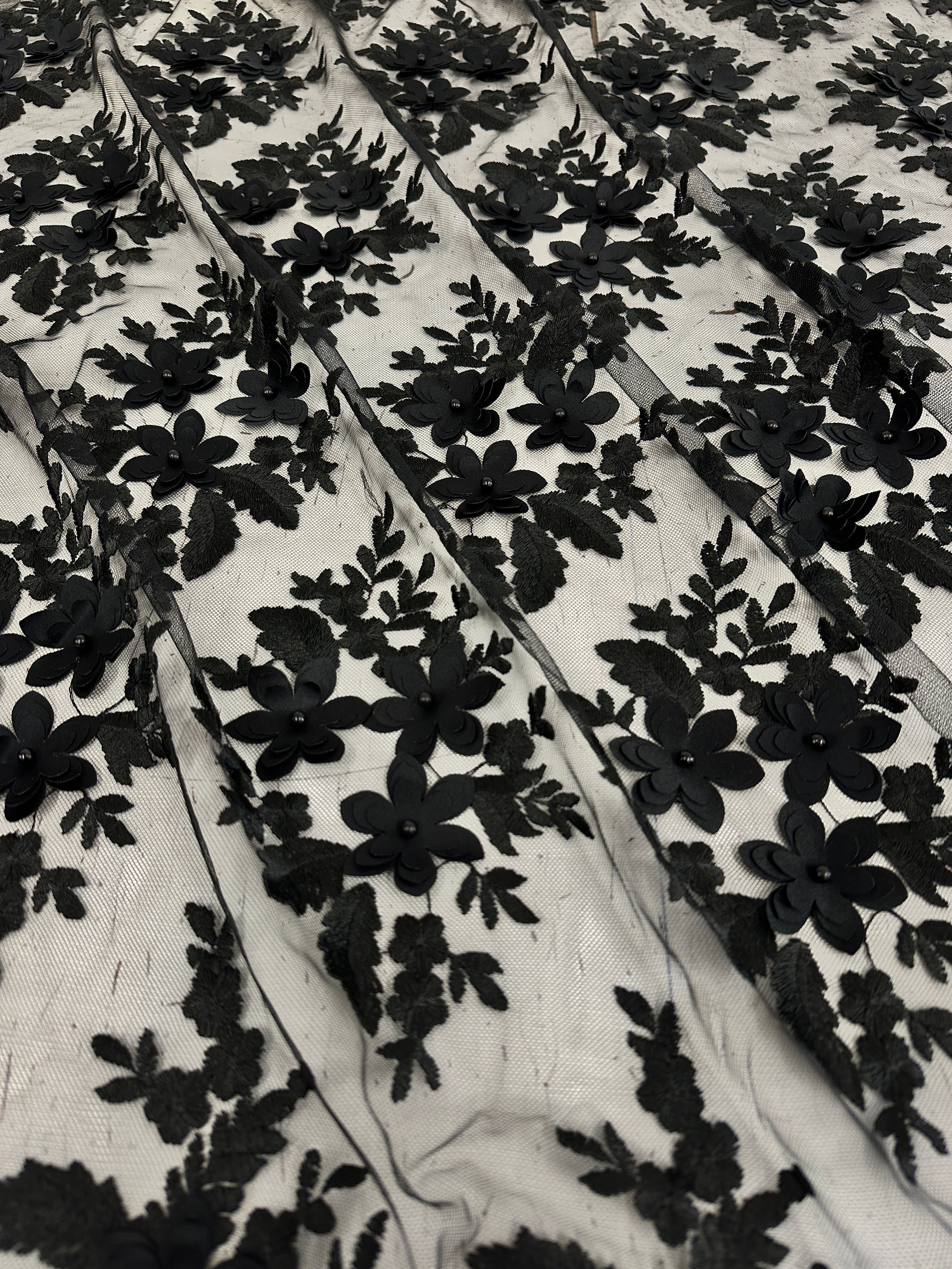 Black 3D Flower Scalloped Mesh Lace - Image 2