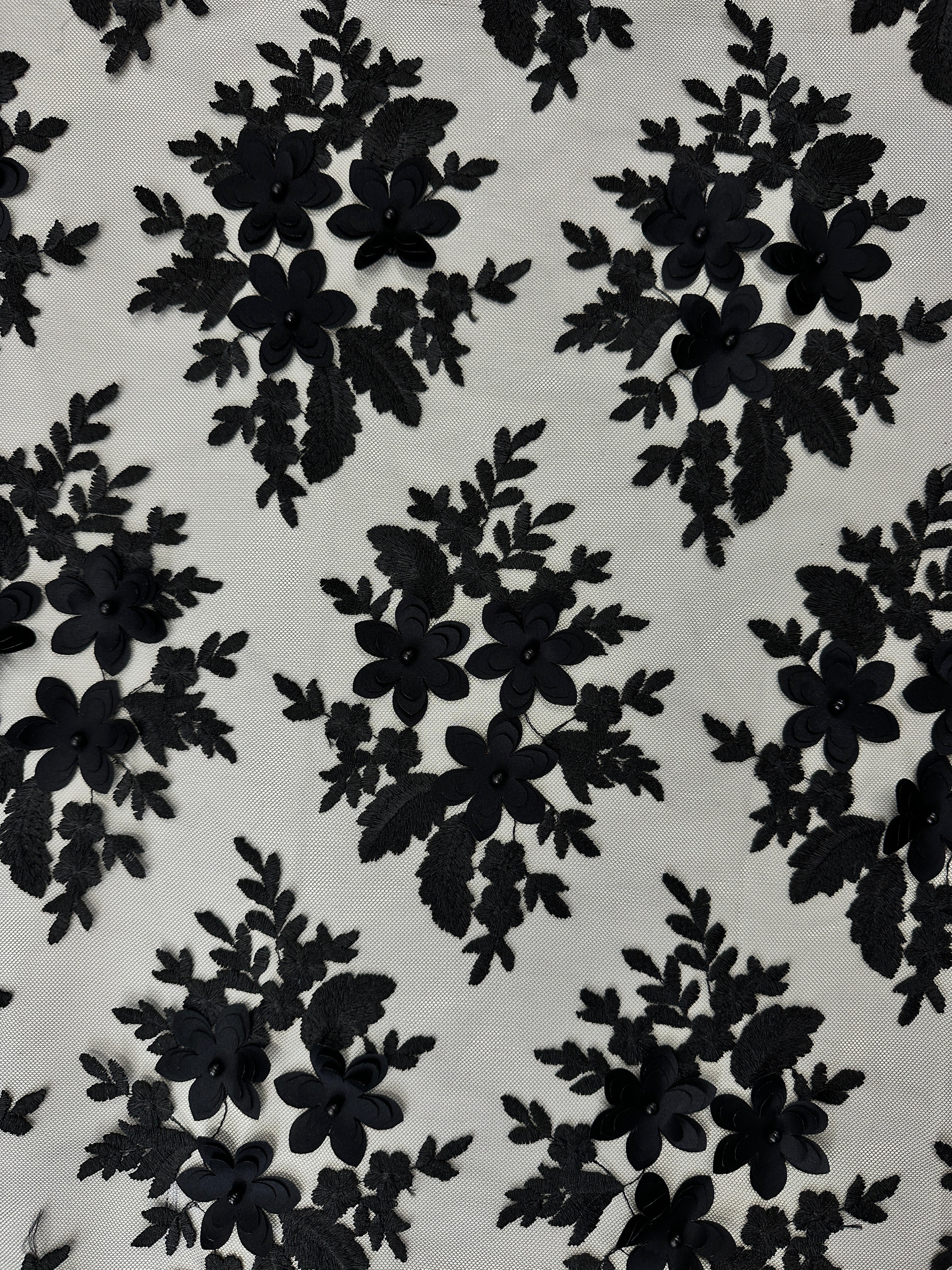 Black 3D Flower Scalloped Mesh Lace - Image 3