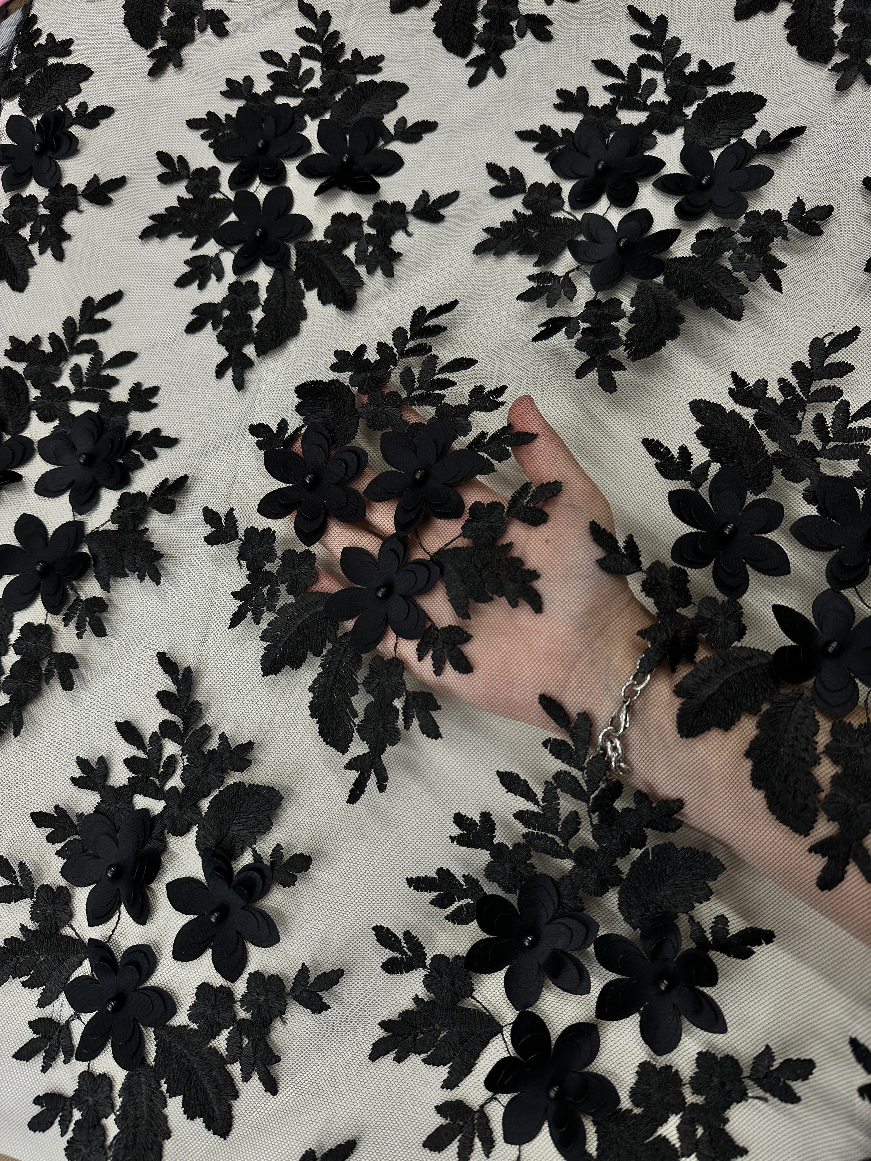Black 3D Flower Scalloped Mesh Lace - Image 4