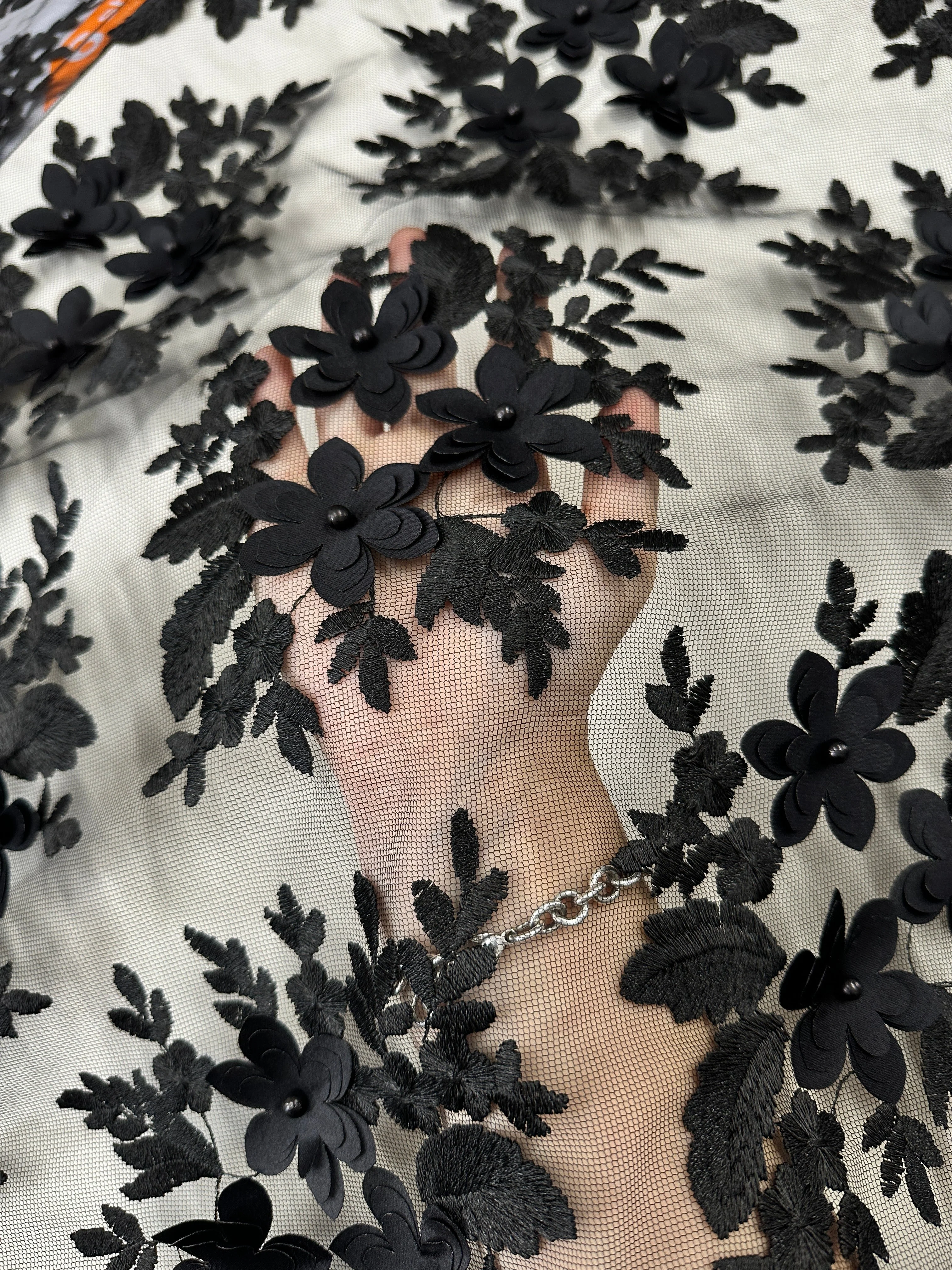 Black 3D Flower Scalloped Mesh Lace - Image 6