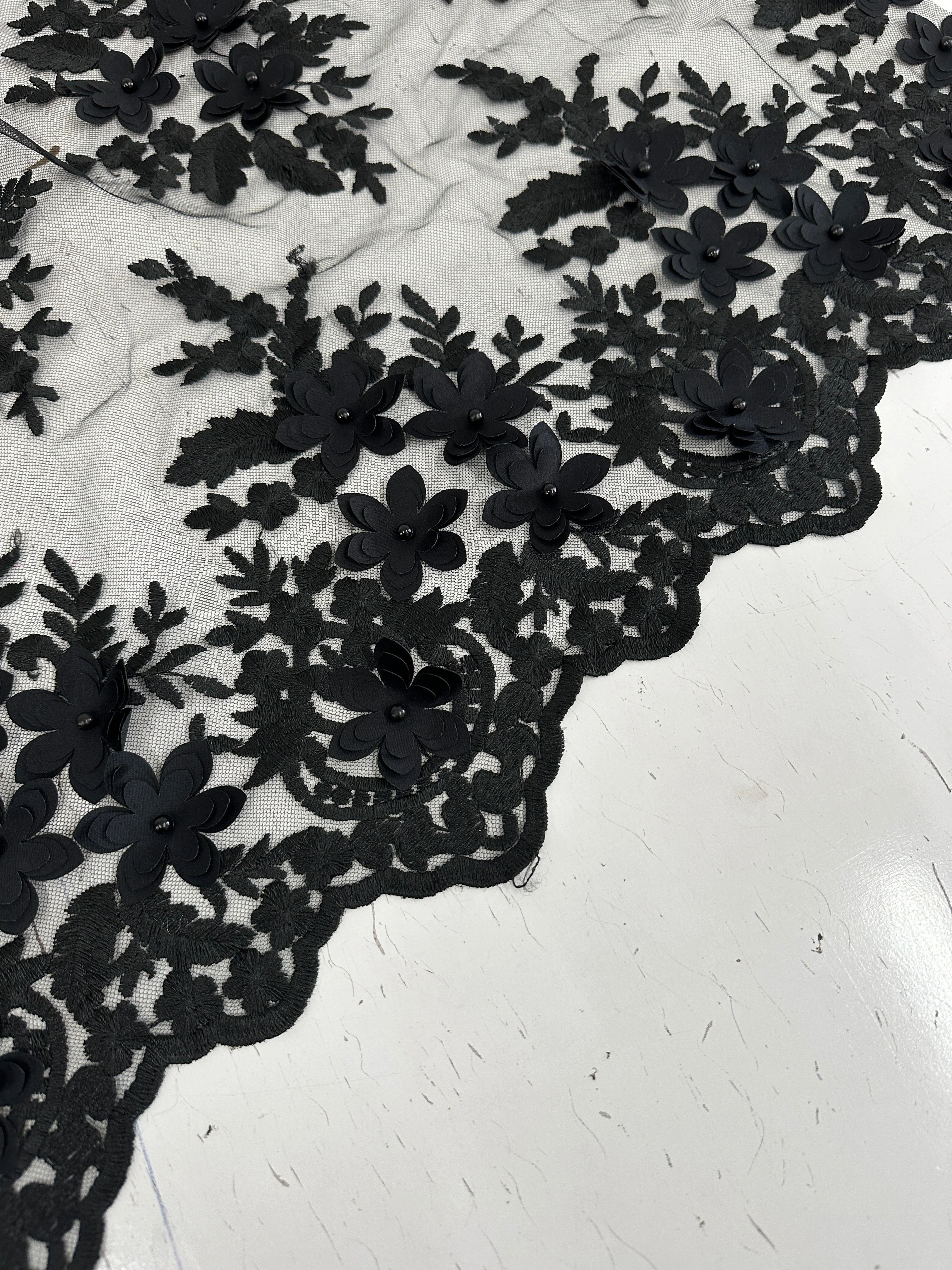 Black 3D Flower Scalloped Mesh Lace - Image 9