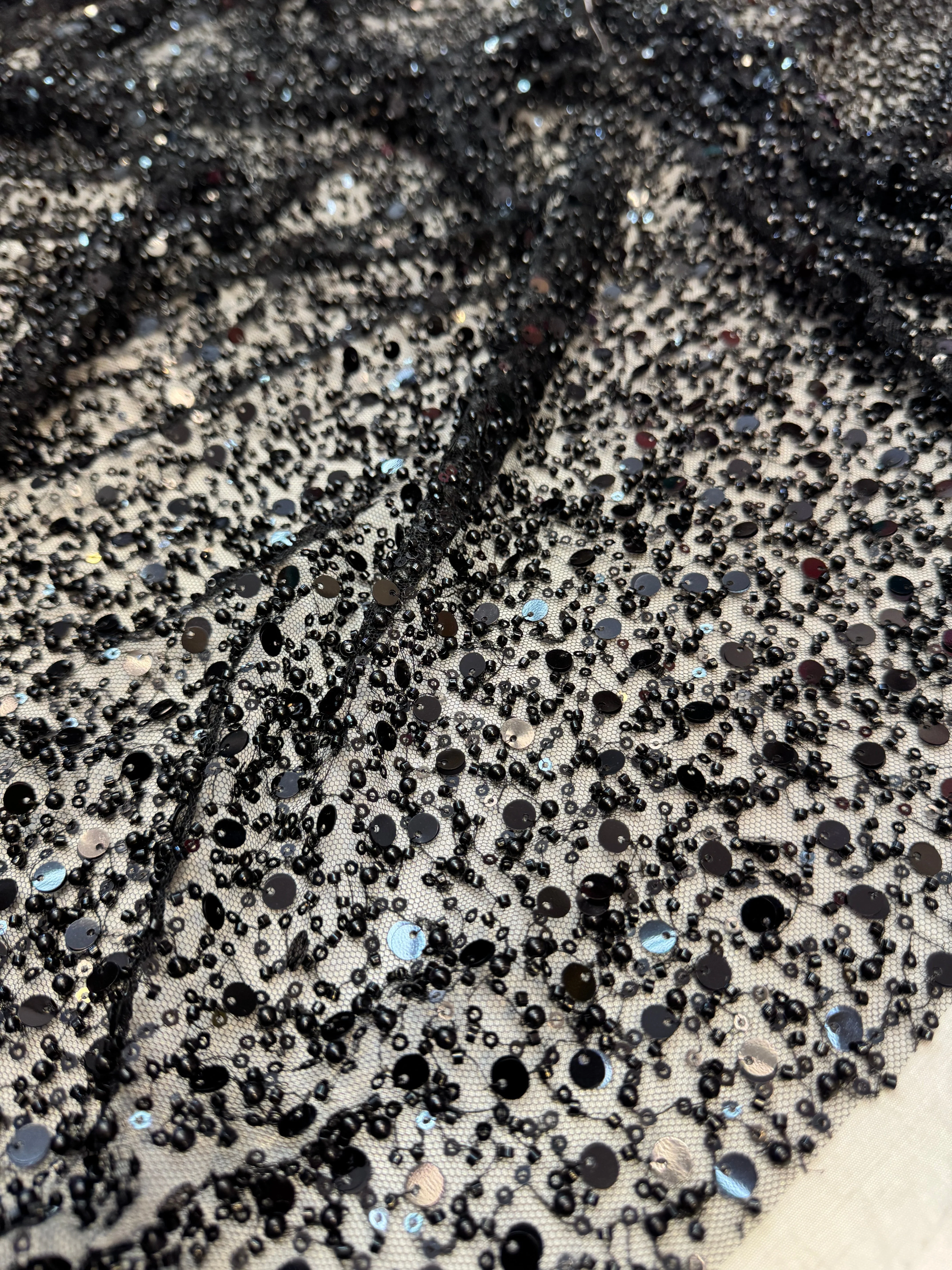Black Beaded Sequin Pearl Embroidered Mesh Lace - Image 2